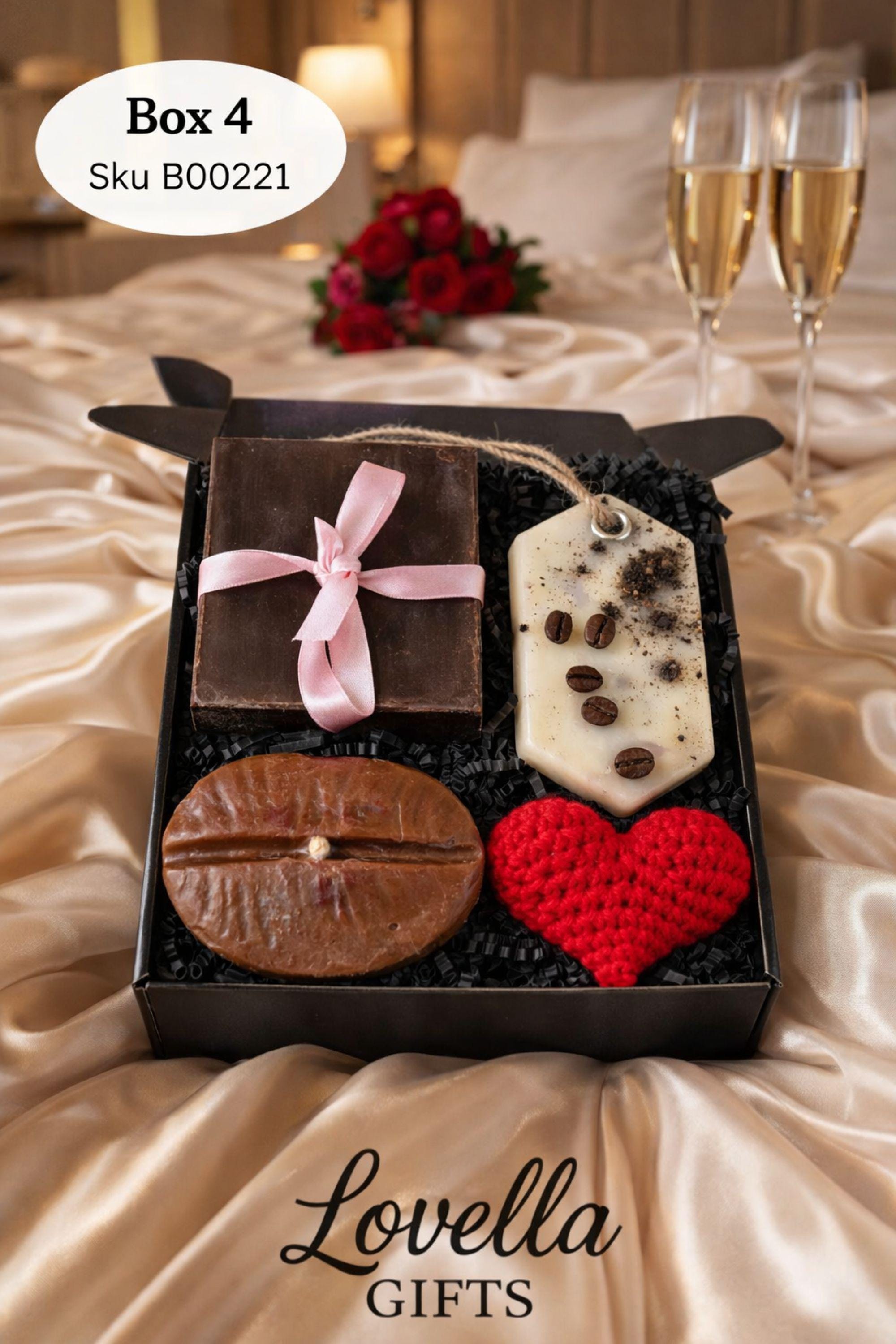 Cozy comfort gift box with handmade soap tied with red ribbon, natural candle in metal tin with dried petals, crocheted washcloth and leather cherry keychain arranged in a kraft box with eco filler. Thoughtful handmade care package perfect as a thinking of you gift, long distance gift, just because present or comforting cozy gift for her. Warm meaningful gift box designed to bring comfort, care and emotional warmth.