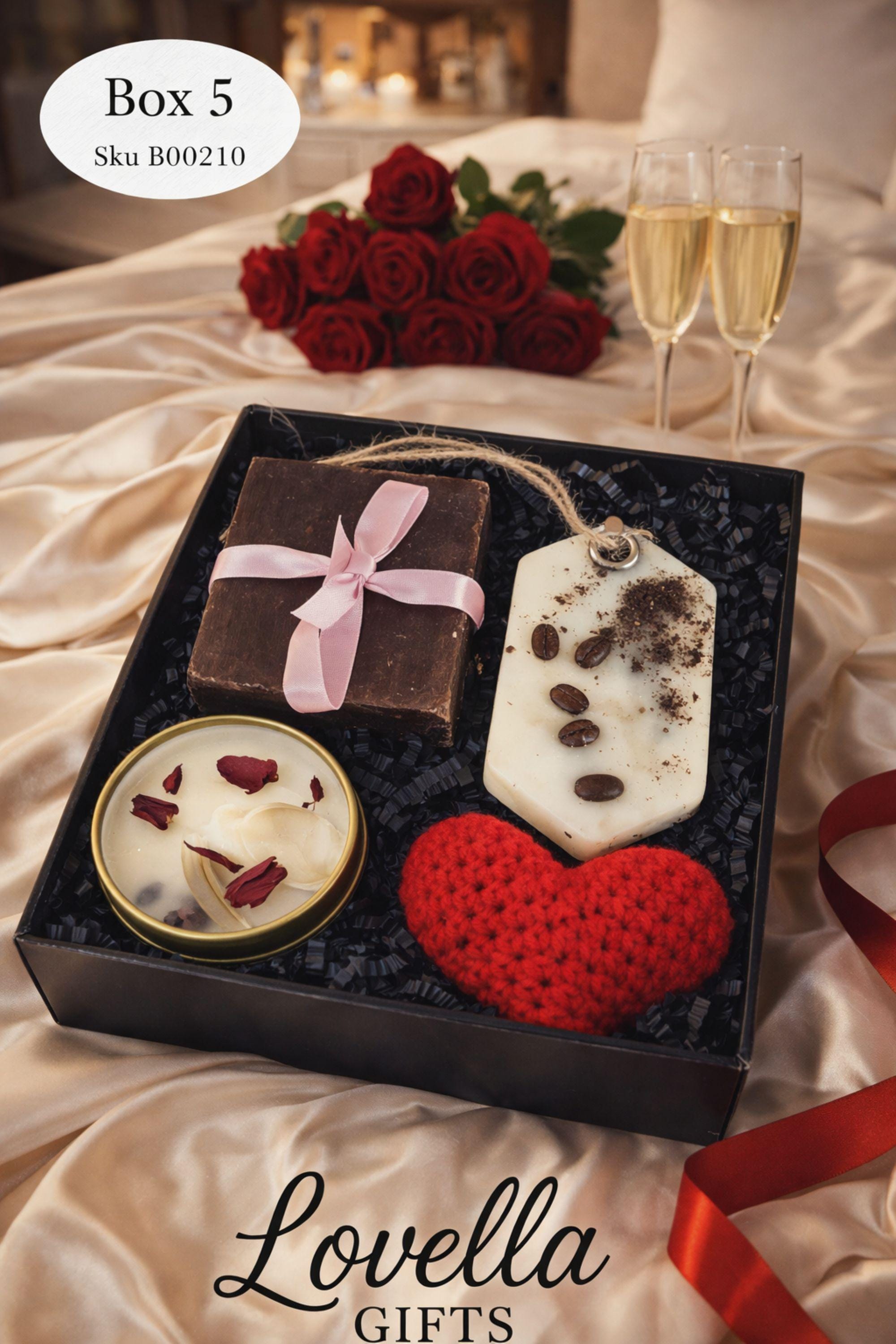 Valentine’s Day thinking of you gift box with handmade soap, botanical candle, crochet washcloth, and leather cherry keychain arranged in a kraft gift box. Cozy Valentine care package featuring artisan soap tied with ribbon, floral candle in tin, soft eco washcloth, and charming heart-inspired cherry accessory. Meaningful Valentine gift for her, long distance Valentine care package, or romantic handmade Valentine present ready to gift.
