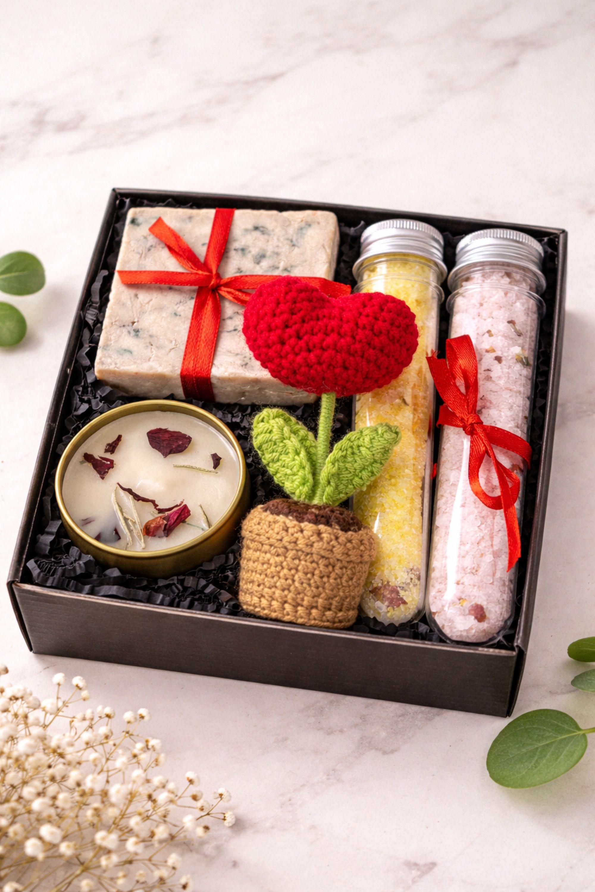 Handmade crochet flower gift box with crochet flower in a pot, handmade soap, botanical candle in a tin, and two bath salt tubes arranged in a black gift box. Thoughtful comfort gift designed to show care and appreciation. Perfect thinking of you gift, friendship gift, or unique handmade present for her, beautifully packaged and ready to give.