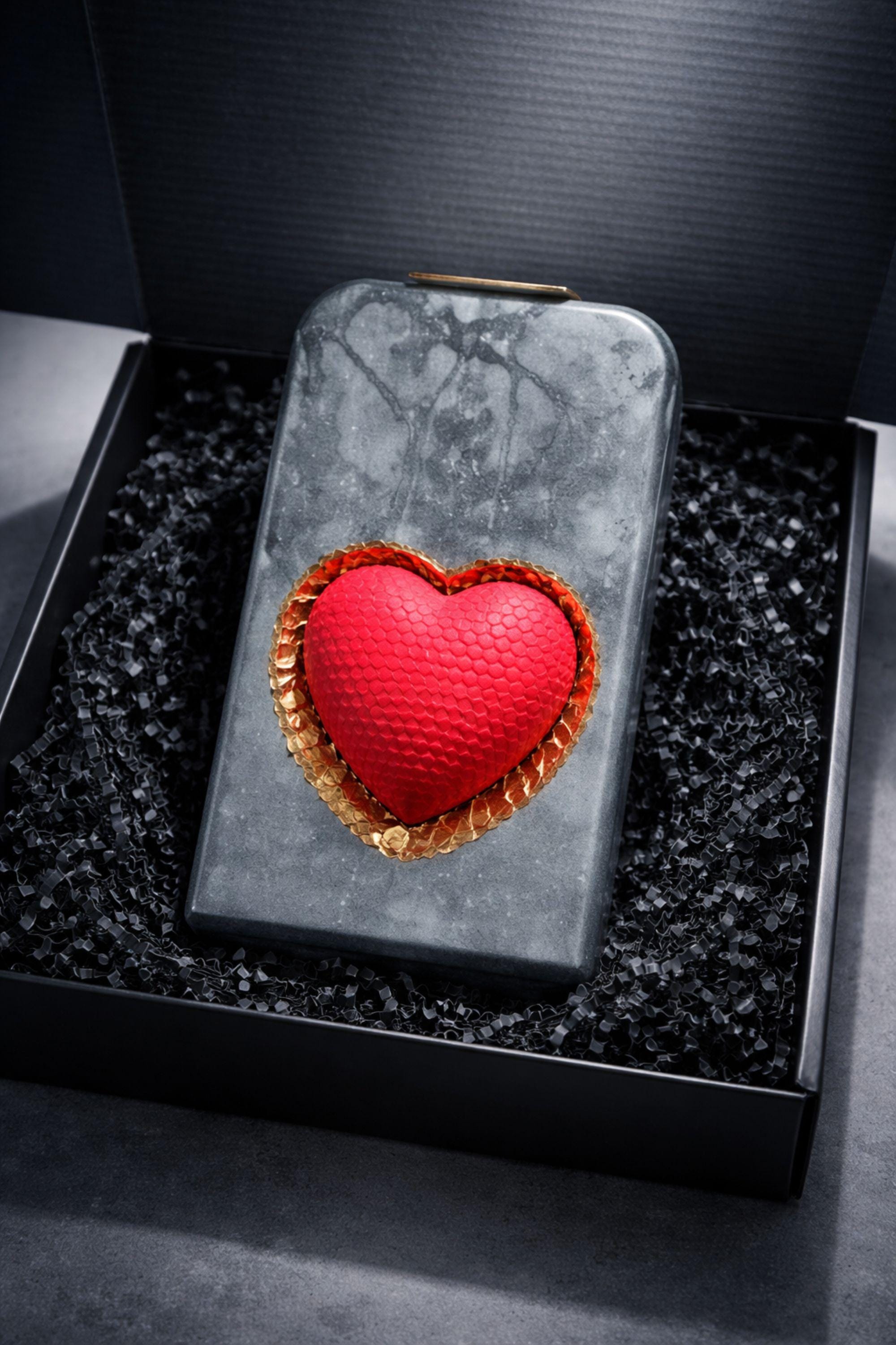 Luxury grey statement candle with a red textured heart framed in gold, handcrafted designer candle created as a romantic gift and modern decor object. This luxury heart candle is designed as a meaningful anniversary or Valentine’s gift for her, combining sculptural form, stone-inspired texture, and gold detail for a centerpiece candle look.