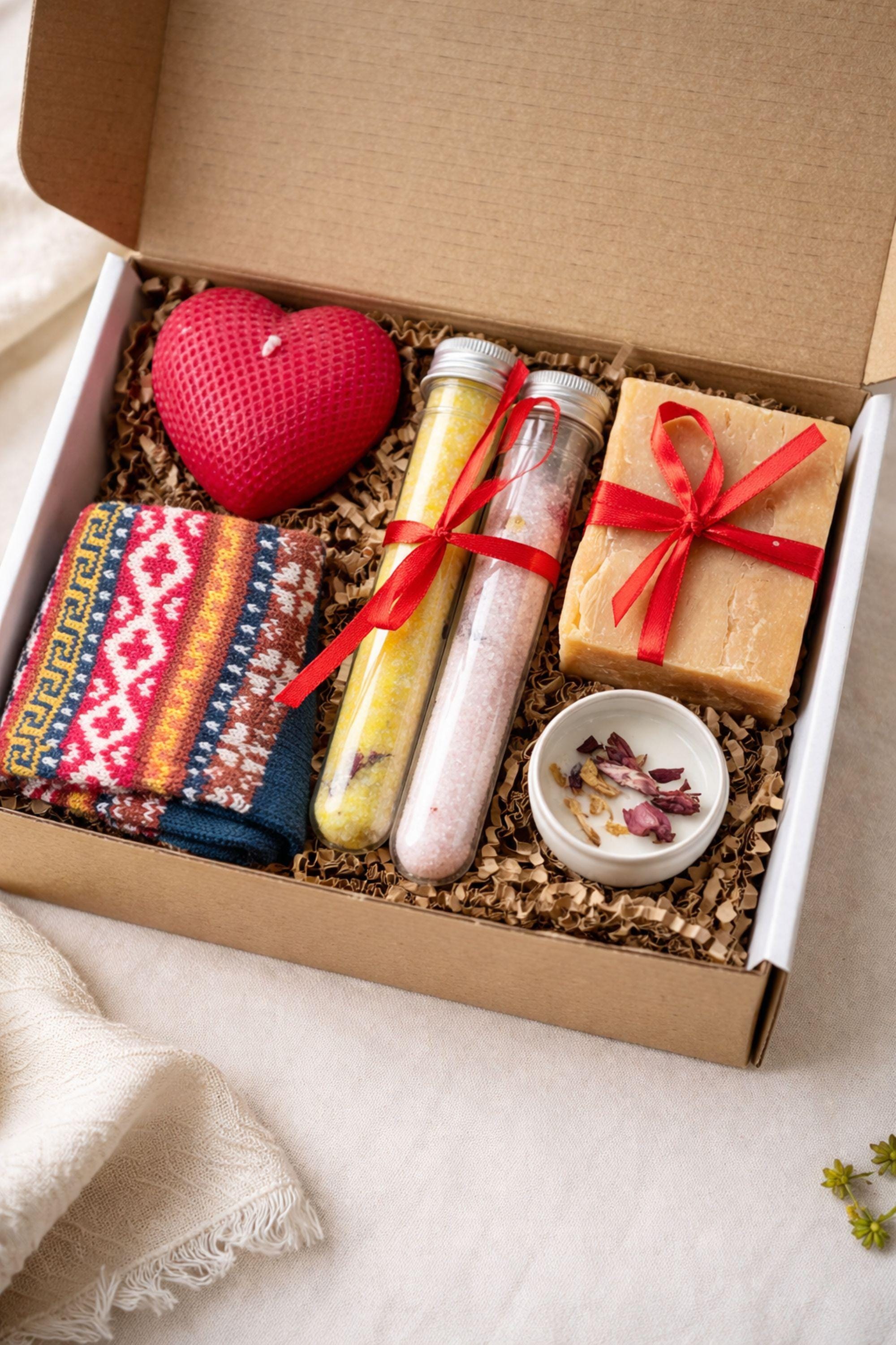 Cozy Valentine gift box with handmade soap tied with red ribbon, heart shaped candle, scented candle with dried flowers, bath salts in glass tubes, and knitted washcloth arranged in kraft gift box. Romantic self care gift for her, comfort care package, handmade Valentine’s Day gift, thinking of you box, ready to gift cozy relaxation set.