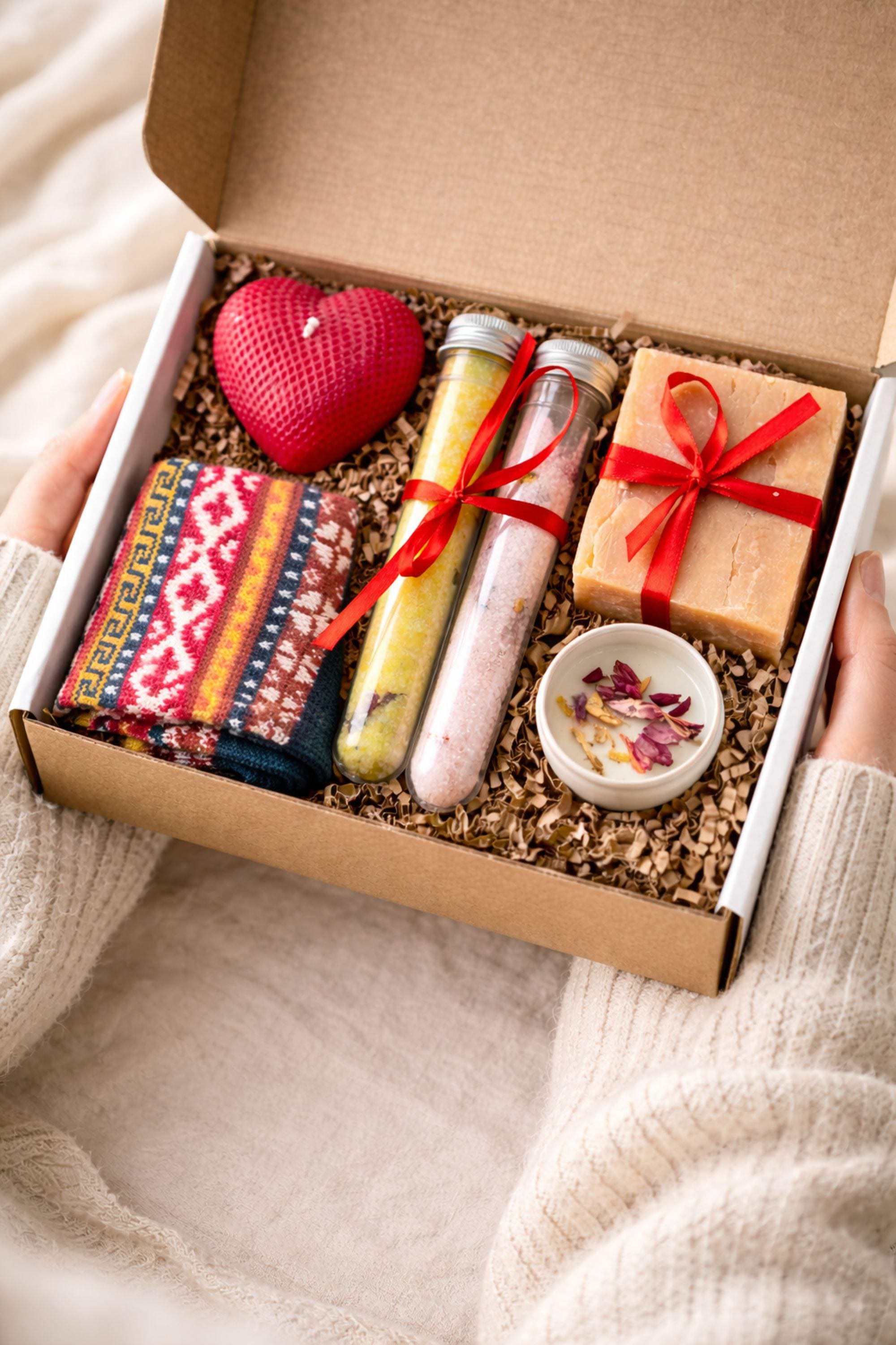 Cozy Valentine gift box with handmade soap tied with red ribbon, heart shaped candle, scented candle with dried flowers, bath salts in glass tubes, and knitted washcloth arranged in kraft gift box. Romantic self care gift for her, comfort care package, handmade Valentine’s Day gift, thinking of you box, ready to gift cozy relaxation set.