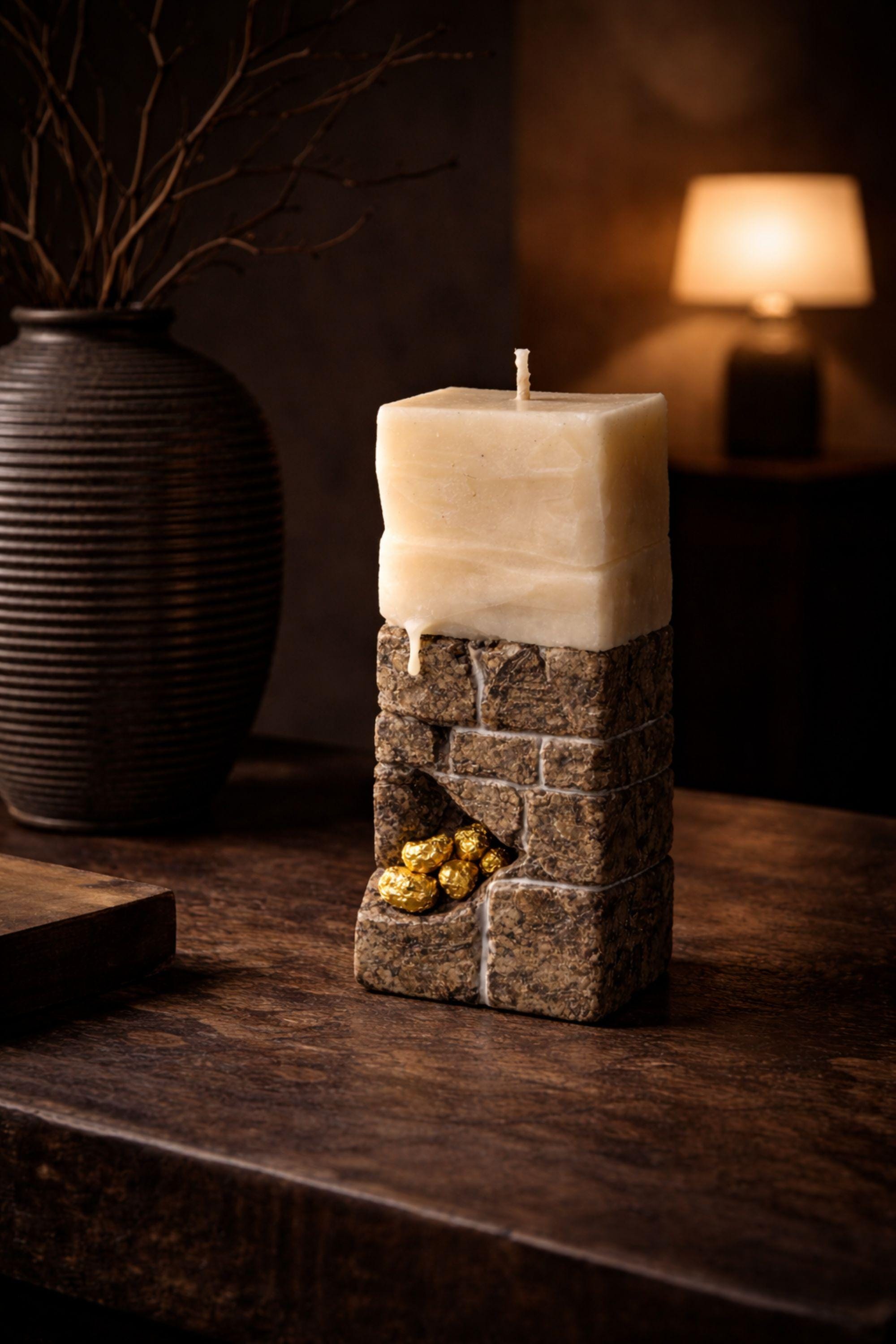 Sculptural candle decor featuring a stone-inspired design with gold detail and a minimalist aesthetic.