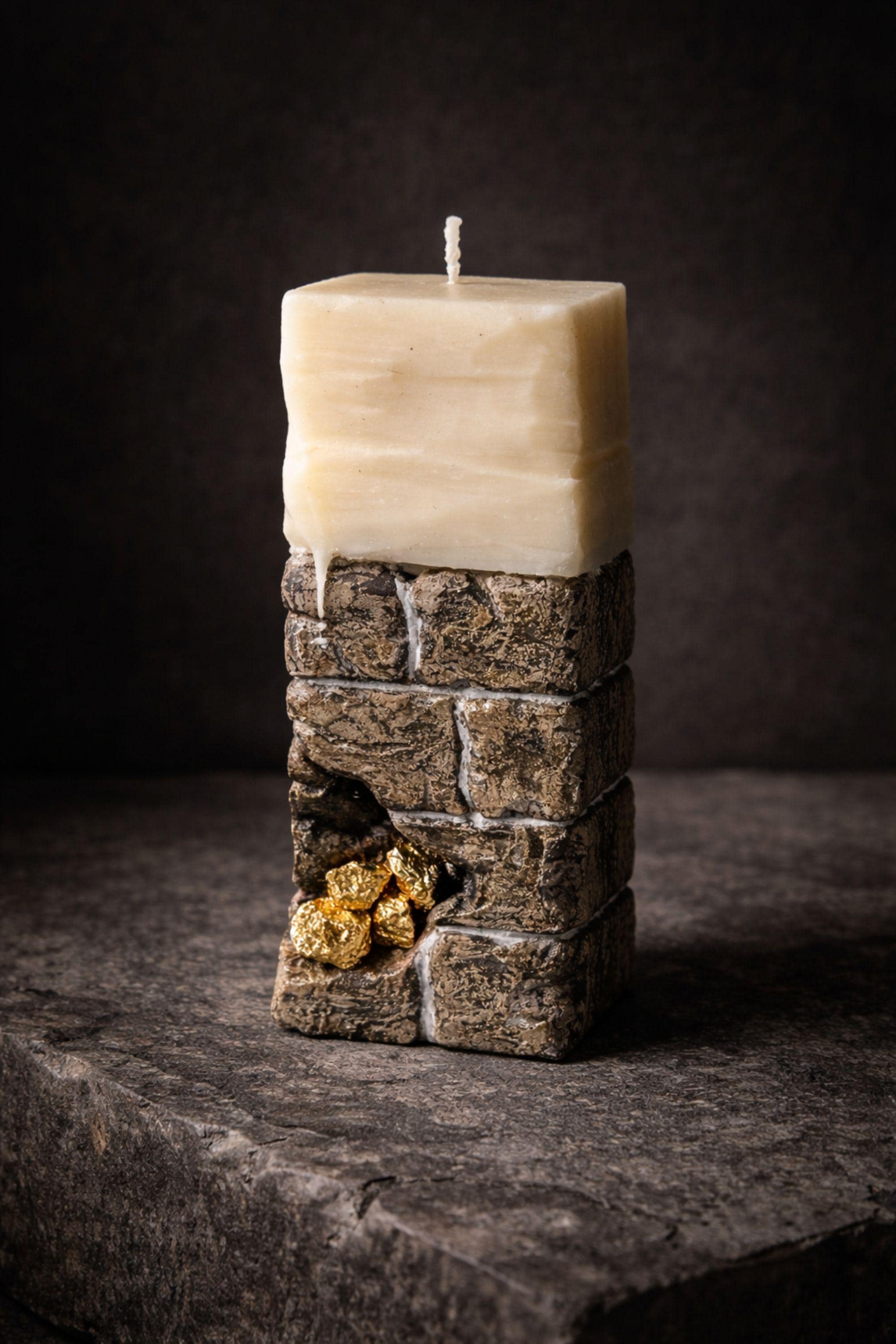 Sculptural candle decor in a stone-like design with a textured finish and golden accents, enhancing modern home aesthetics.