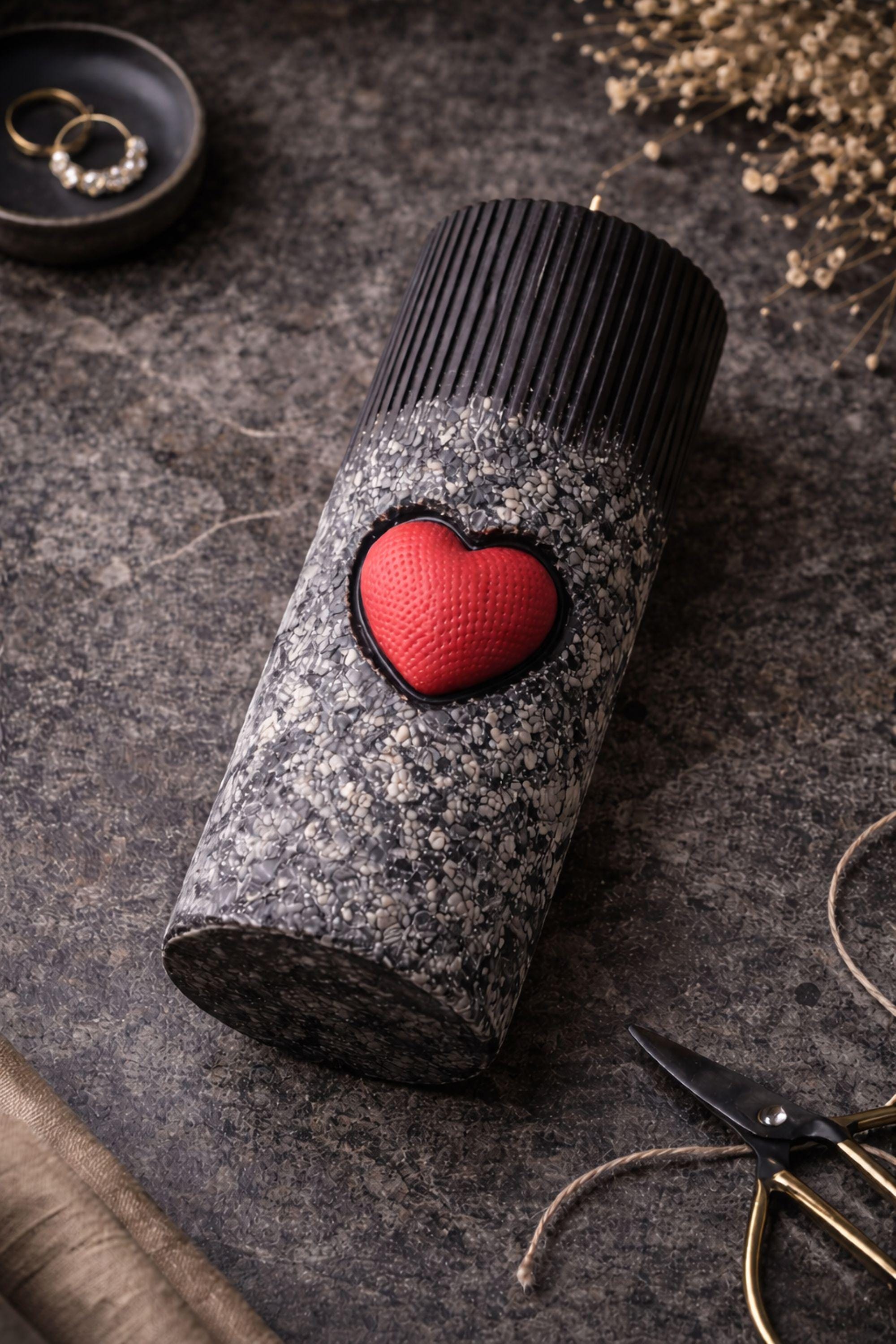Statement object candle displayed as a modern sculptural decor piece on a stone surface. Handmade black pillar candle with black, gray and white stone-like texture and heart detail. Designer candle object for contemporary home decor, minimalist interiors, shelves and side tables.