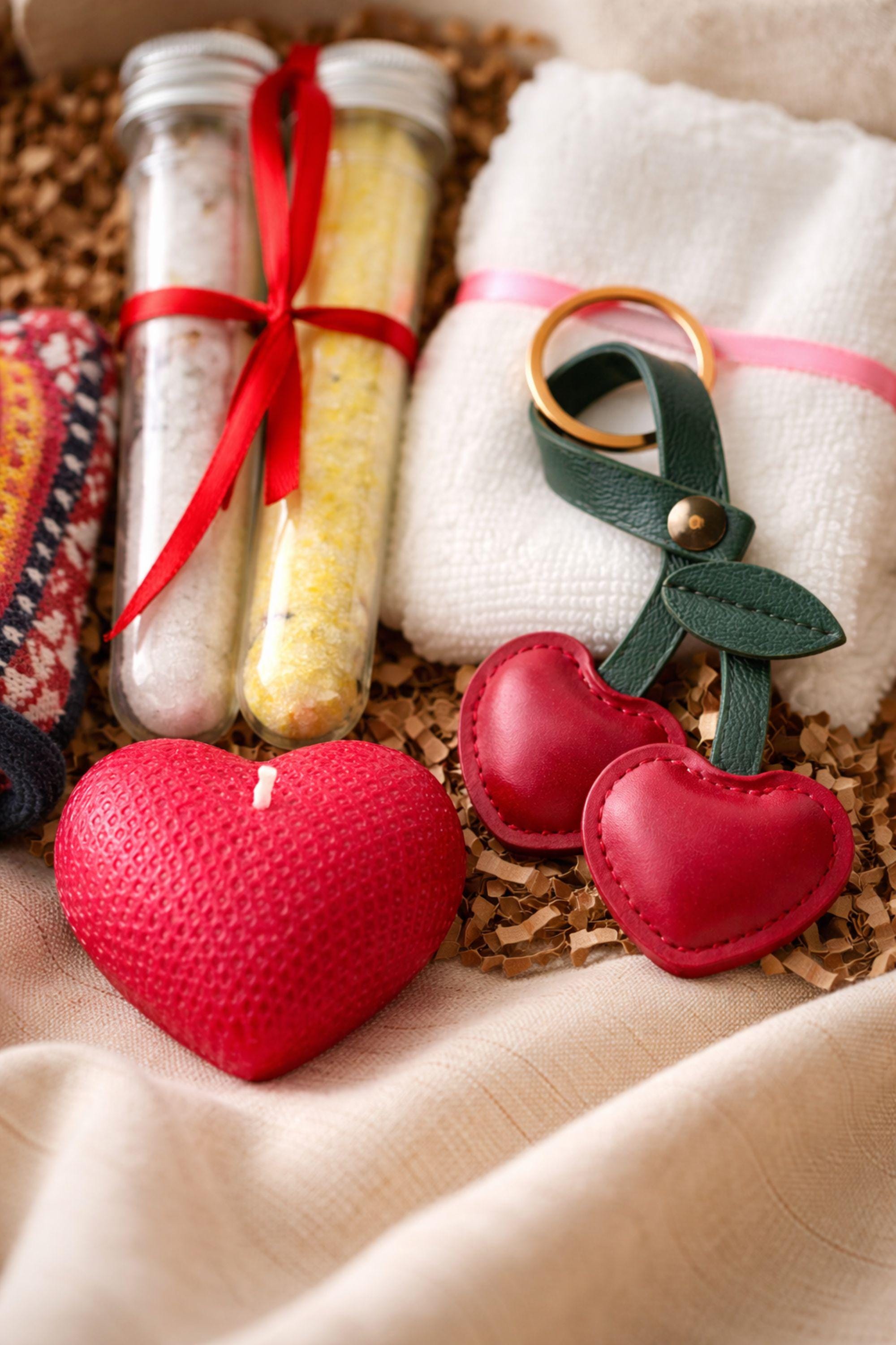 Thinking of you gift box with handmade heart candle, cozy knitted socks, bath salt tubes tied with red ribbon, soft cotton washcloth, and leather heart keychain arranged inside a kraft gift box. Small meaningful comfort gift designed as a care package for her, perfect for sending love, warmth, and support during long distance moments, stressful times, or just because. Handmade cozy gift set ready to give.