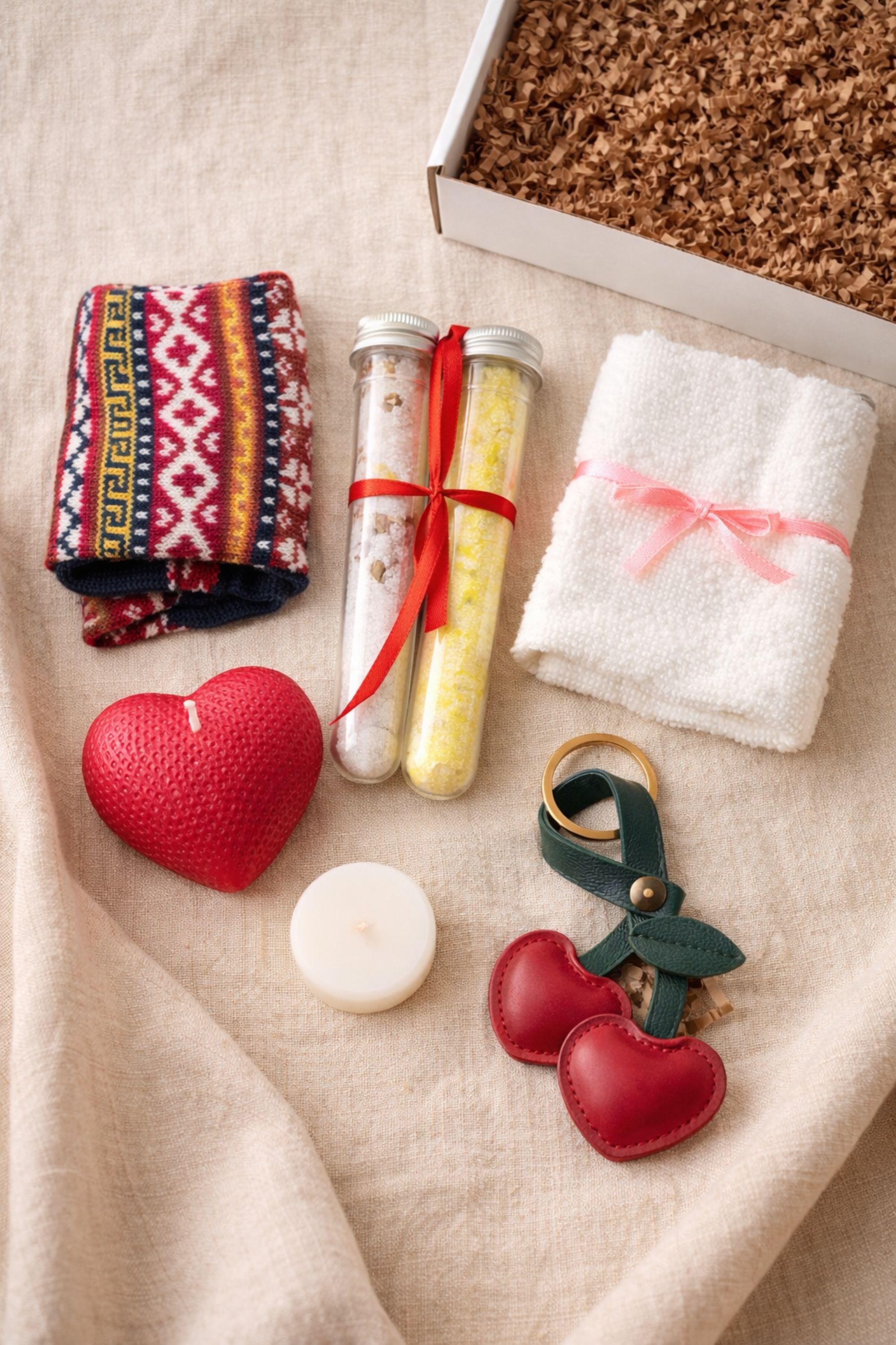 Thinking of you gift box with handmade heart candle, cozy knitted socks, bath salt tubes tied with red ribbon, soft cotton washcloth, and leather heart keychain arranged inside a kraft gift box. Small meaningful comfort gift designed as a care package for her, perfect for sending love, warmth, and support during long distance moments, stressful times, or just because. Handmade cozy gift set ready to give.