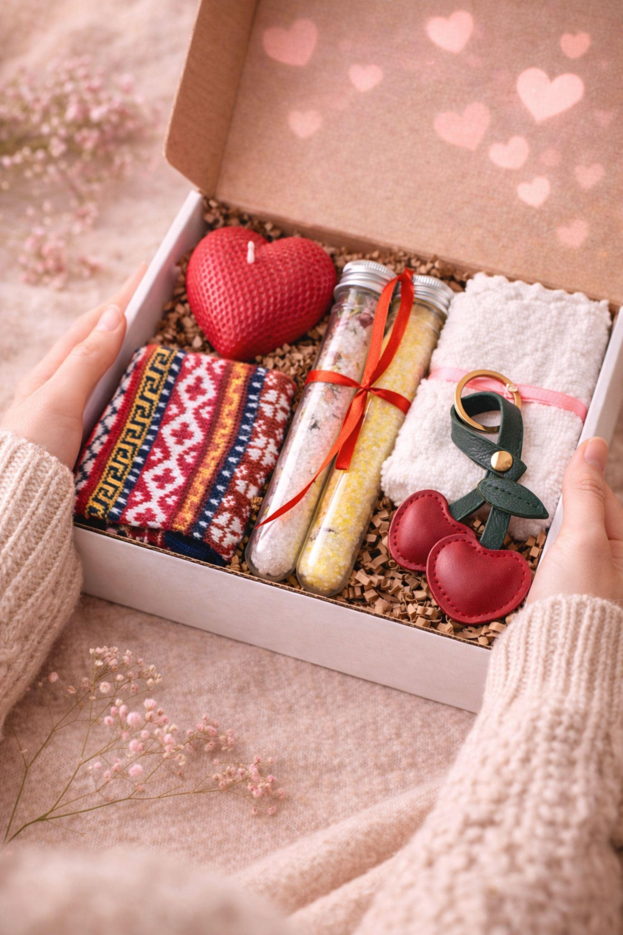 Hands holding an open Valentine gift box while wrapped in a cozy sweater, revealing a heart candle, bath salts, socks, washcloth, and leather heart keychain. Romantic Valentine care package designed to feel warm and personal, ideal as a Valentine gift for her, long distance Valentine present, or thoughtful handmade romantic surprise.