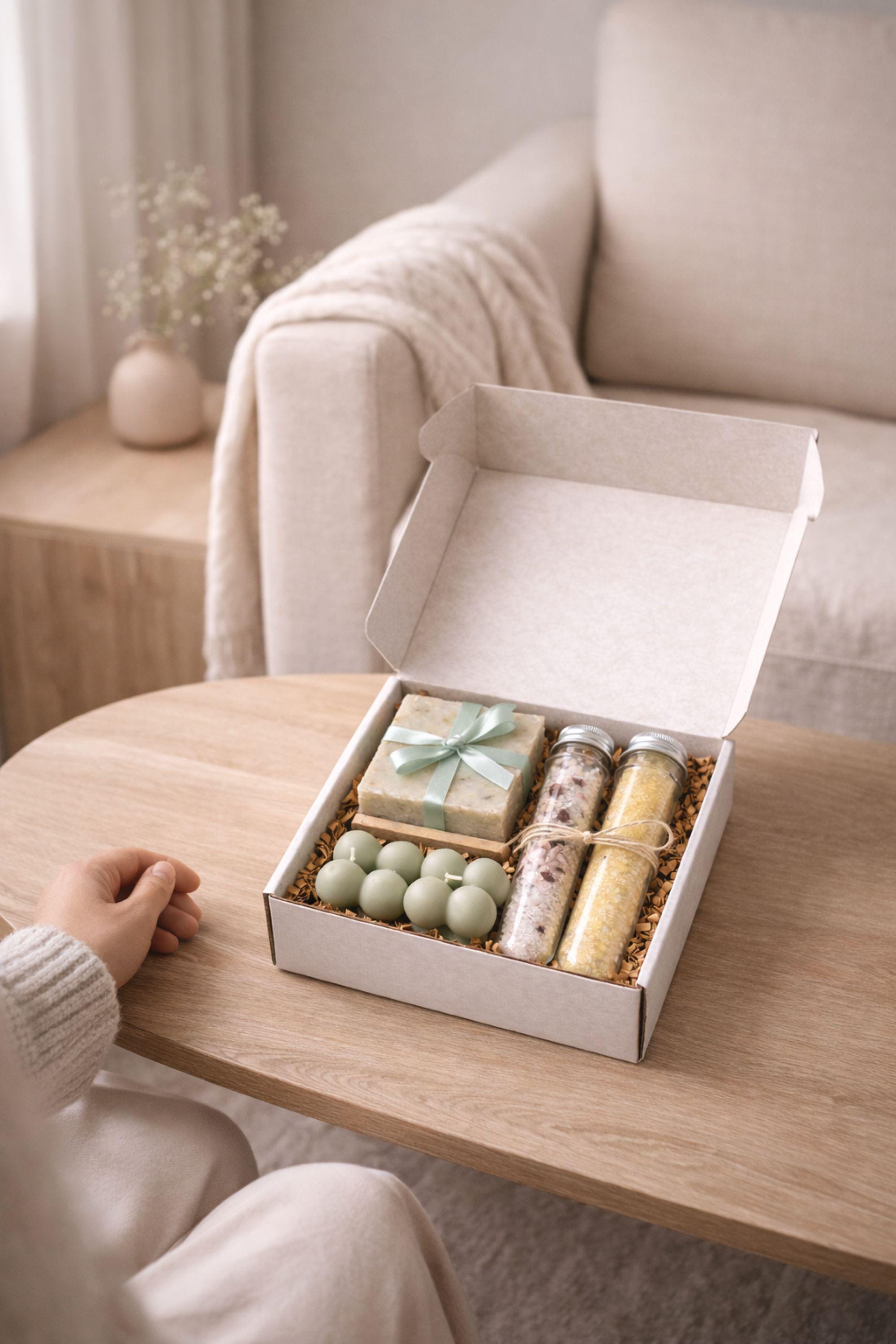 Minimalist gift box placed in a calm home setting on a coffee table near a sofa, showing handmade candles, soap, and bath salts inside. Cozy home gift set designed to blend into a neutral interior, perfect for slow living routines, everyday self care, and creating a quiet, comfortable home atmosphere.