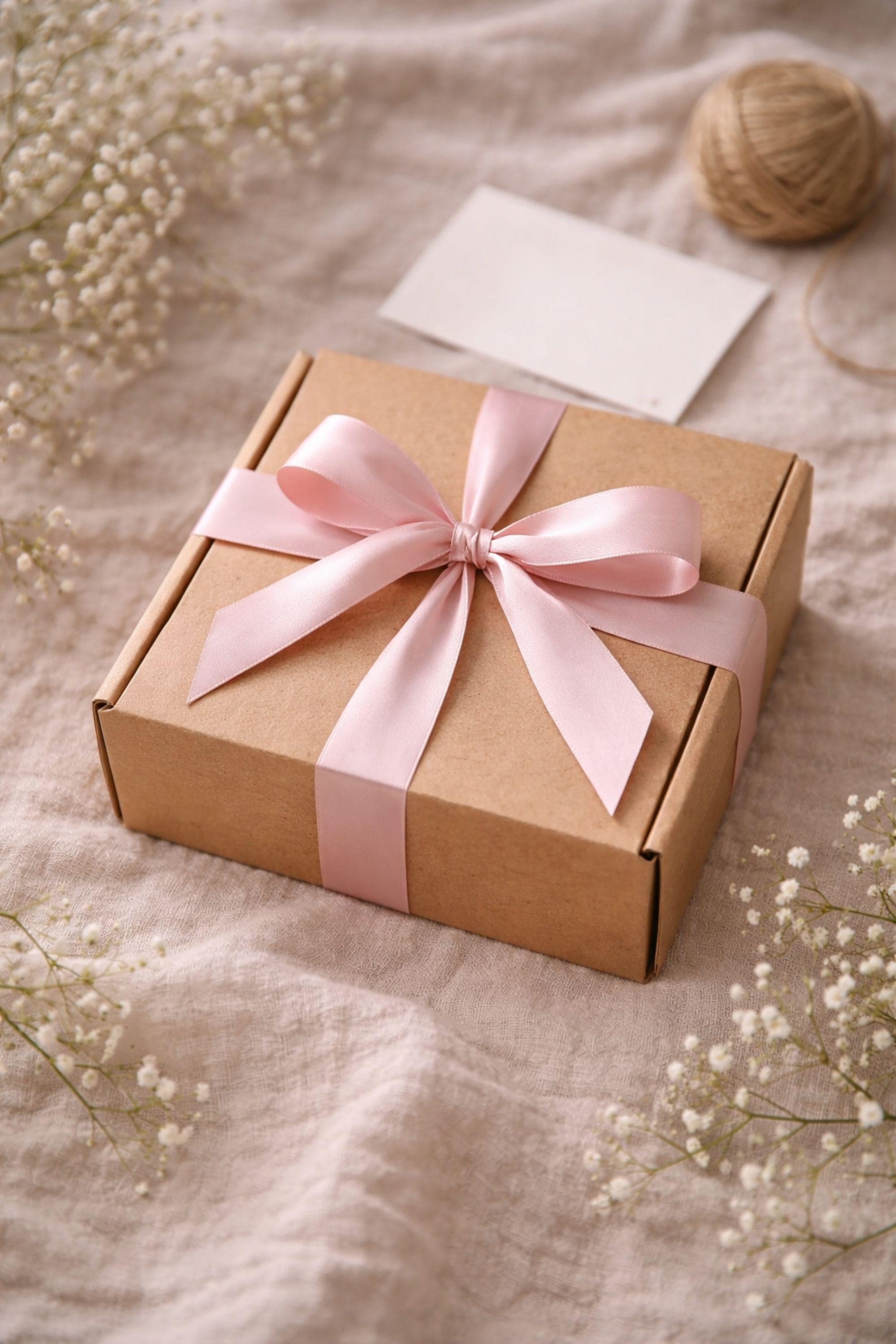 Closed handmade gift box for mom wrapped neatly and placed on a neutral background, showing a compact 6x6 inch kraft box ready to give. Cozy handmade present featuring candles, soap, and bath salts, ideal as a thoughtful gift for mom that arrives beautifully packaged.