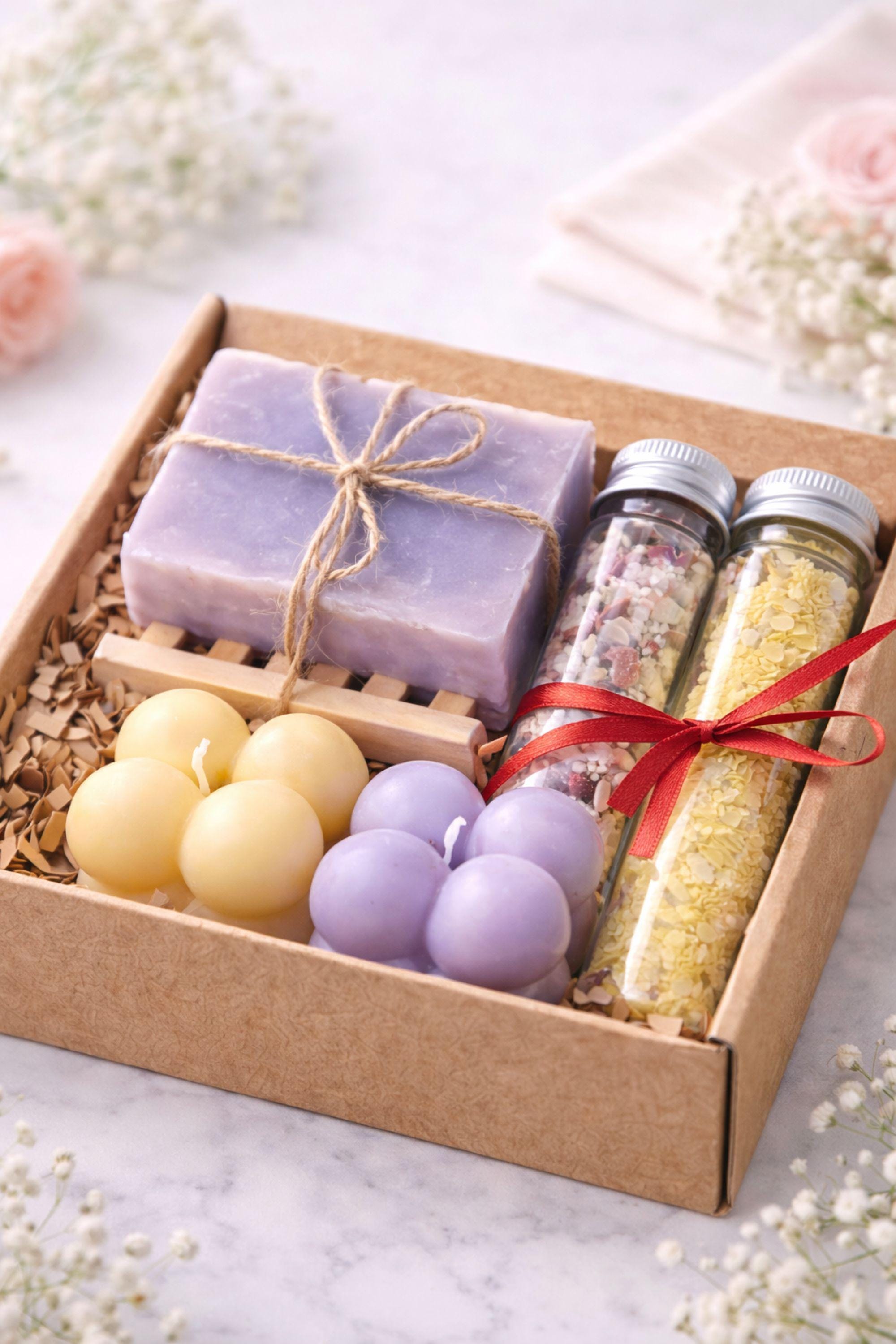 Open handmade gift box for her displayed on a clean light background, featuring colorful bubble candles, natural soap tied with rustic twine, and two glass tubes of bath salts arranged neatly inside a small 6x6 inch kraft box. Universal gift for her designed as a cozy, thoughtful handmade present suitable for birthdays, thank you gifts, or everyday gifting.