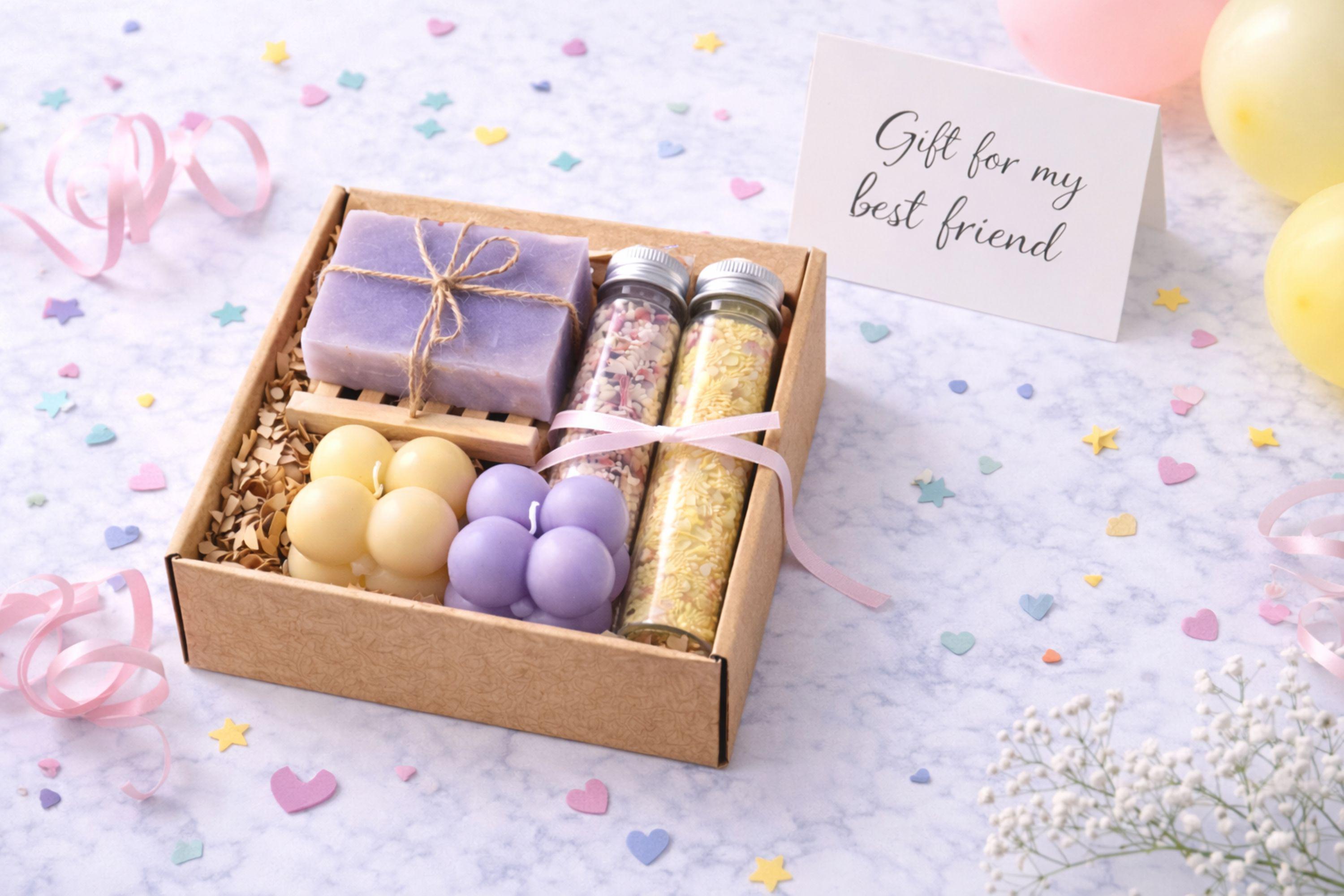 Open handmade gift box for best friend displayed on a bright, clean background, featuring colorful bubble candles, natural soap tied with twine, and two glass tubes of bath salts arranged neatly inside a small 6x6 inch kraft box. Cheerful gift for best friend designed as a fun and cozy handmade present, perfect for birthdays, celebrations, or everyday surprises.
