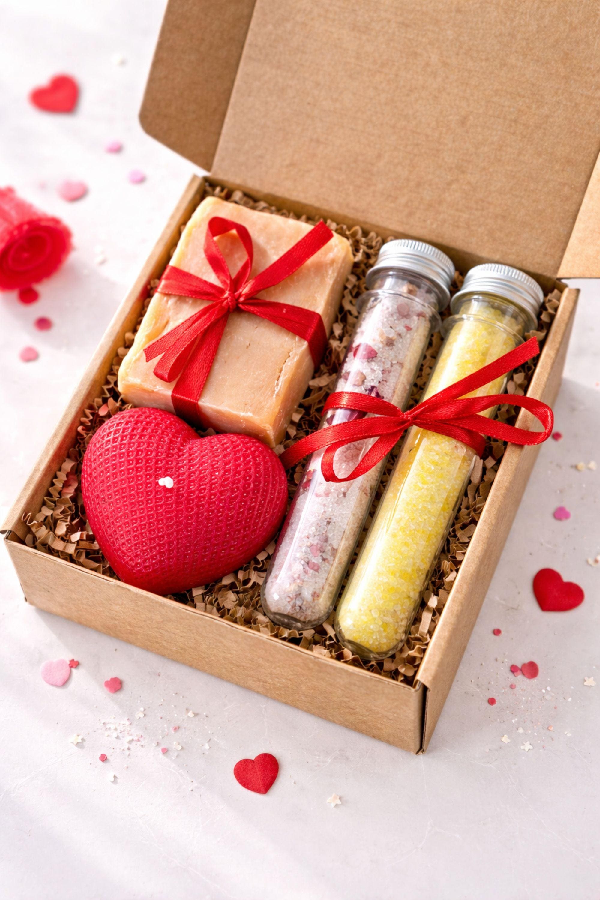 Romantic handmade gift box for her displayed open in a kraft box with a red heart candle, natural soap tied with a red ribbon, and two glass tubes filled with bath salts. This thoughtful love gift features warm red accents and handcrafted details, presented on a clean neutral background. A romantic gift set designed to express love in a simple, elegant way, perfect as a romantic gift for her, anniversary present, or heartfelt love surprise.