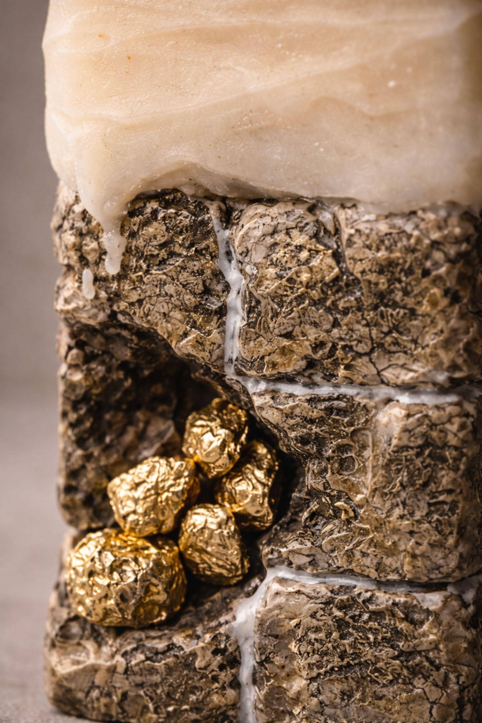Minimalist sculptural candle decor showcasing architectural form with stone texture and gold detailing.