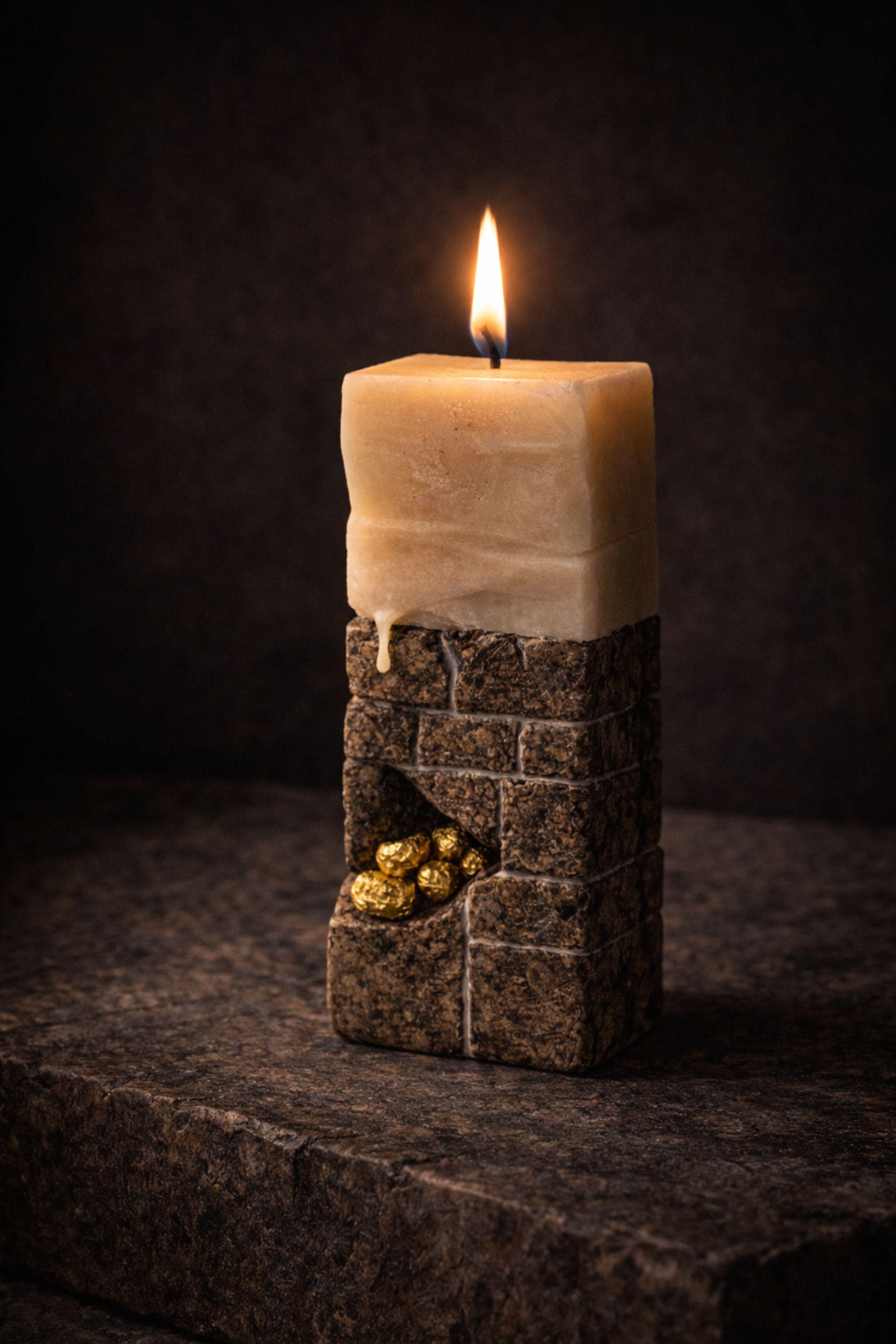 Dark sculptural candle designed as a bold statement decor object for modern interiors, featuring a stone inspired textured base, layered mineral form, and subtle 24 karat gold accents. This handmade wax art piece functions as both a functional candle and decorative sculpture, ideal for masculine home decor, minimalist styling, modern shelves, console tables, dramatic interior accents, luxury decor displays, and contemporary design focused spaces. One of a kind handmade object.