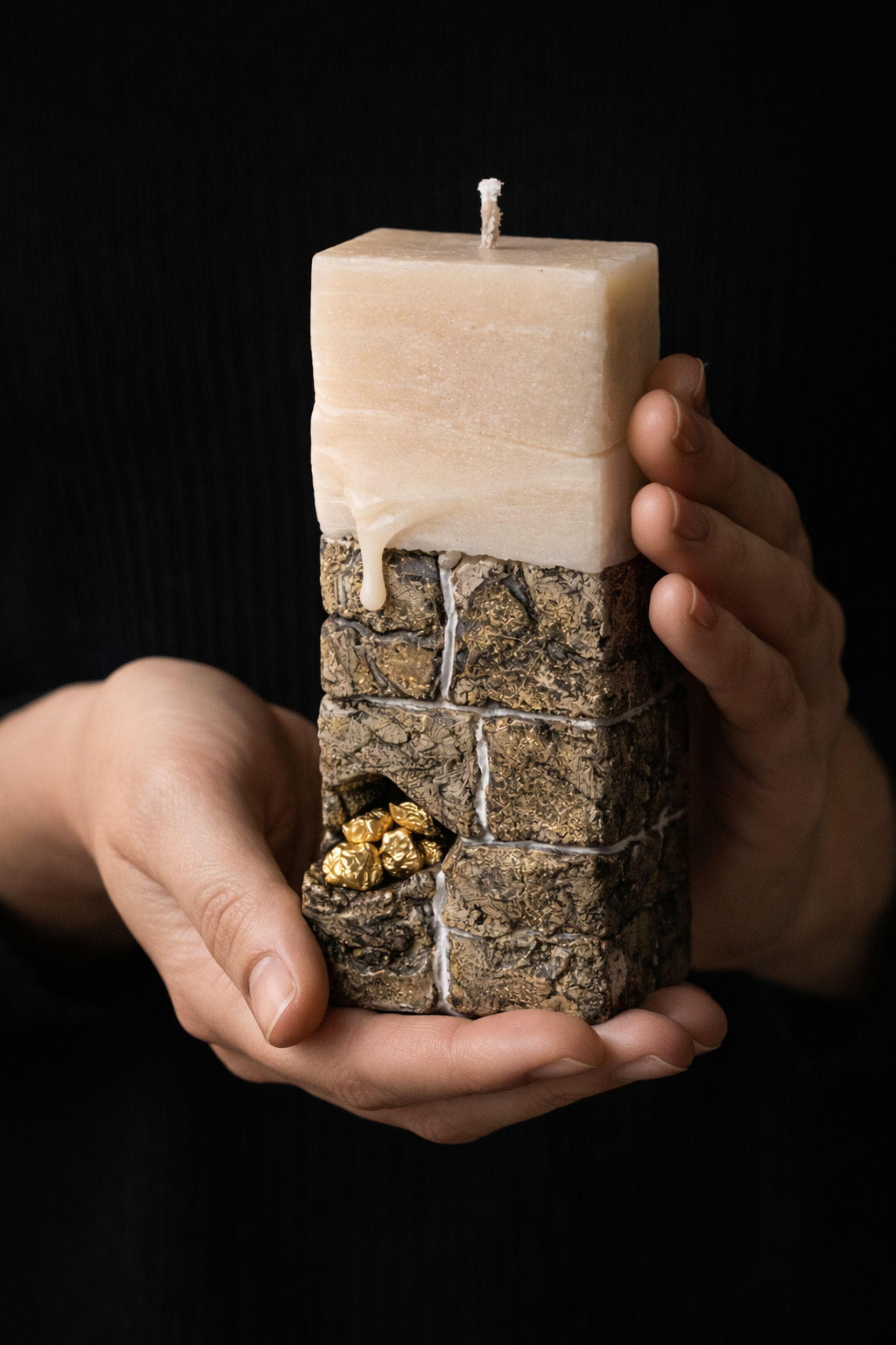 Luxury sculptural candle gift held in hands, featuring stone-inspired texture and subtle gold detail.
