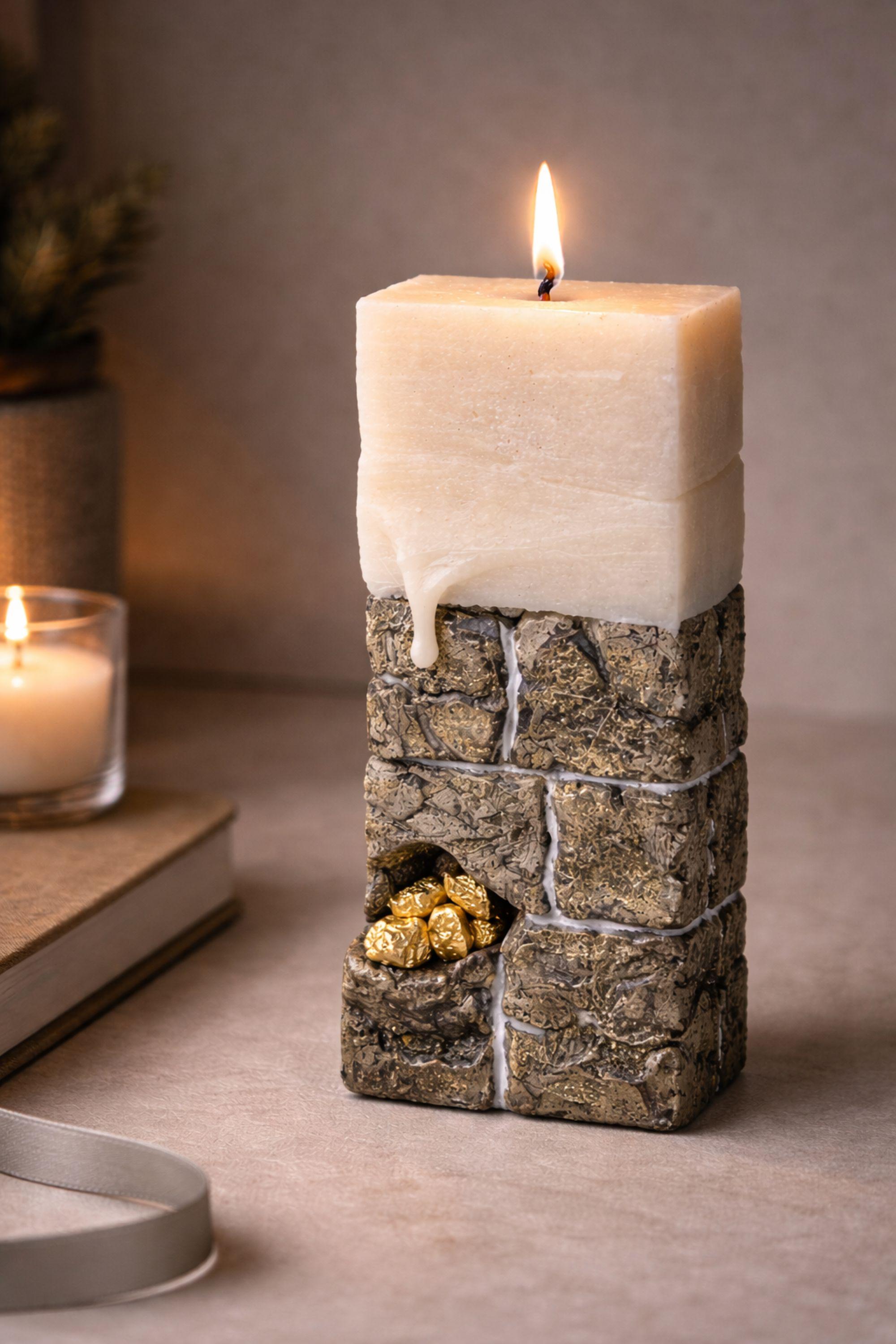 Luxury sculptural candle gift designed as a handmade wax art object for modern decor and unique gifting. Featuring a stone inspired textured base with subtle gold accents and an architectural form, this candle functions as both a decorative sculpture and functional candle. Ideal as a housewarming gift, designer candle gift, modern decor accent, or premium handmade present for design lovers who value craftsmanship, originality, and refined luxury interiors.