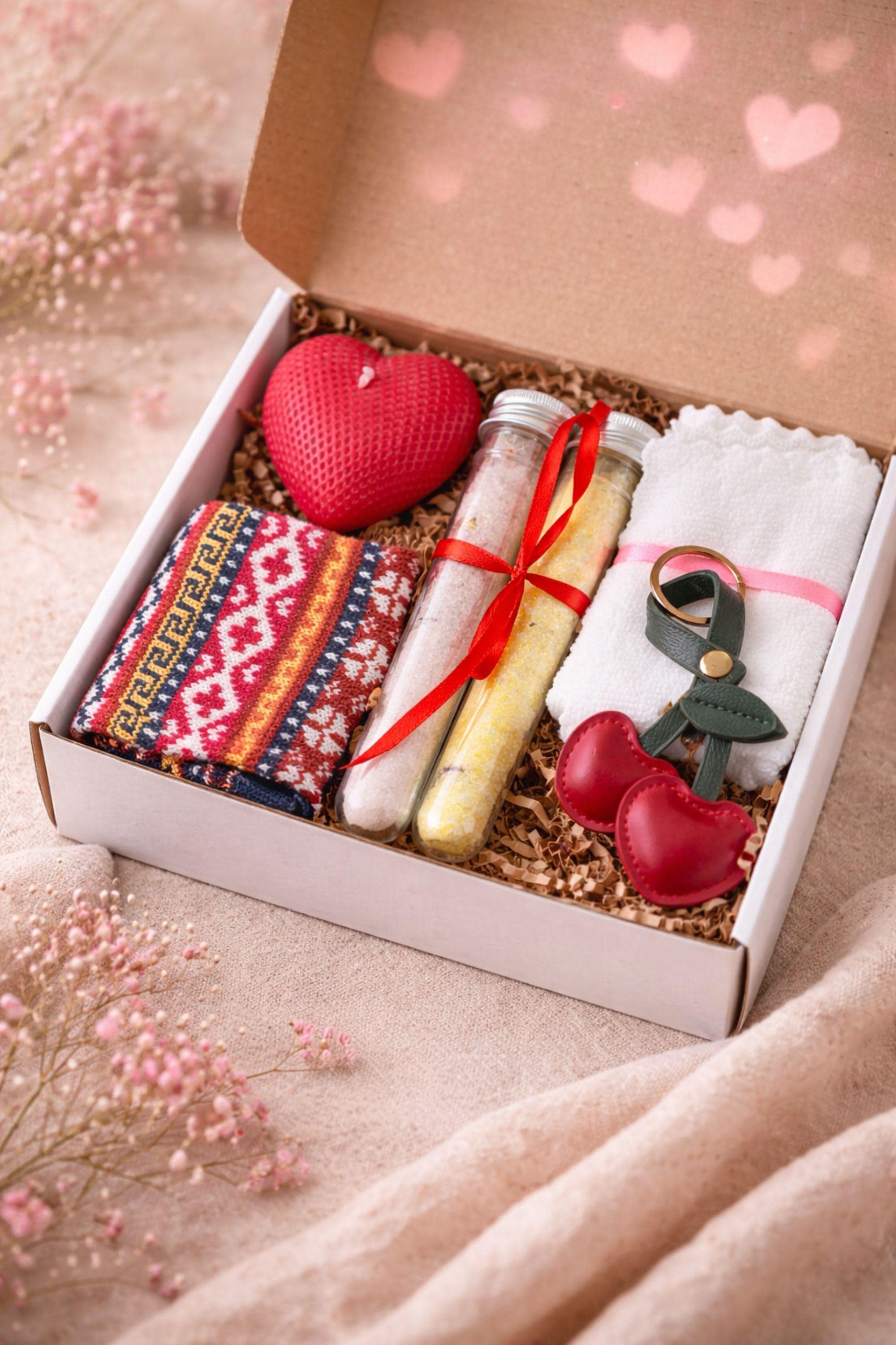 Valentine gift box for her displayed open on a soft neutral background, featuring a handmade red heart candle, cozy patterned socks, two glass tubes of bath salts tied with red ribbon, a soft cotton washcloth, and leather heart keychain. Romantic Valentine care package designed as a cozy and meaningful handmade gift, perfect for expressing love, affection, and warmth on Valentine’s Day.
