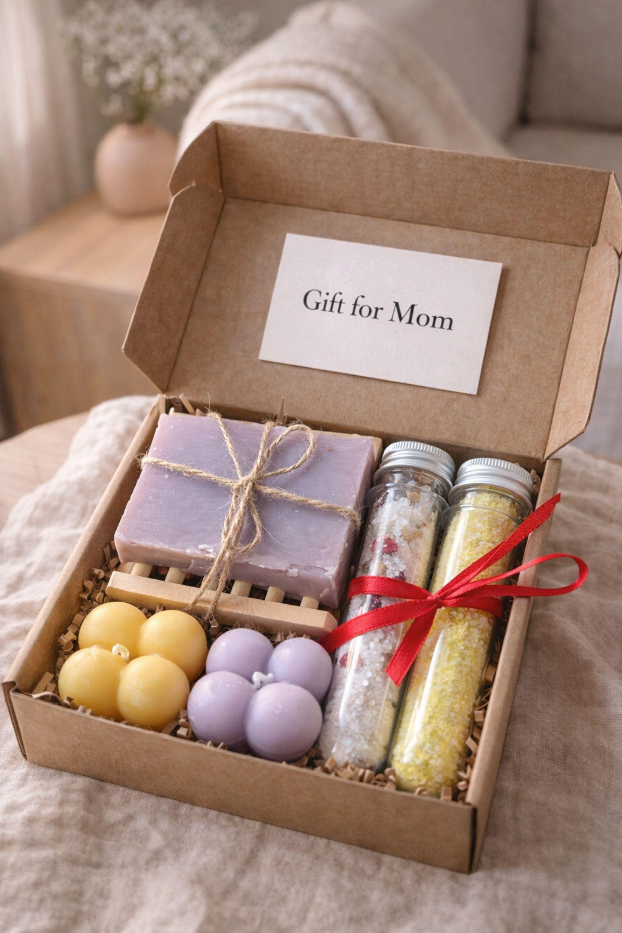 Open handmade gift box for mom displayed on a neutral surface, showing a cozy arrangement of colorful bubble candles, natural soap tied with twine, and two glass tubes of bath salts inside a small 6x6 inch kraft box. Thoughtful gift for mom featuring warm colors and handmade details, designed as a cozy, ready-to-gift present for birthdays, appreciation, or everyday gifting.