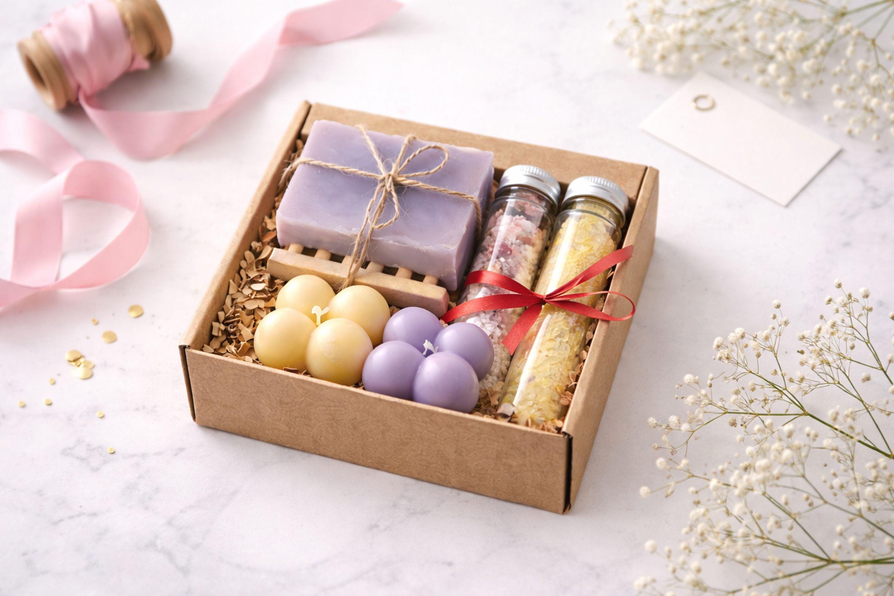 Open handmade gift box for her displayed on a clean light background, featuring colorful bubble candles, natural soap tied with rustic twine, and two glass tubes of bath salts arranged neatly inside a small 6x6 inch kraft box. Universal gift for her designed as a cozy, thoughtful handmade present suitable for birthdays, thank you gifts, or everyday gifting.
