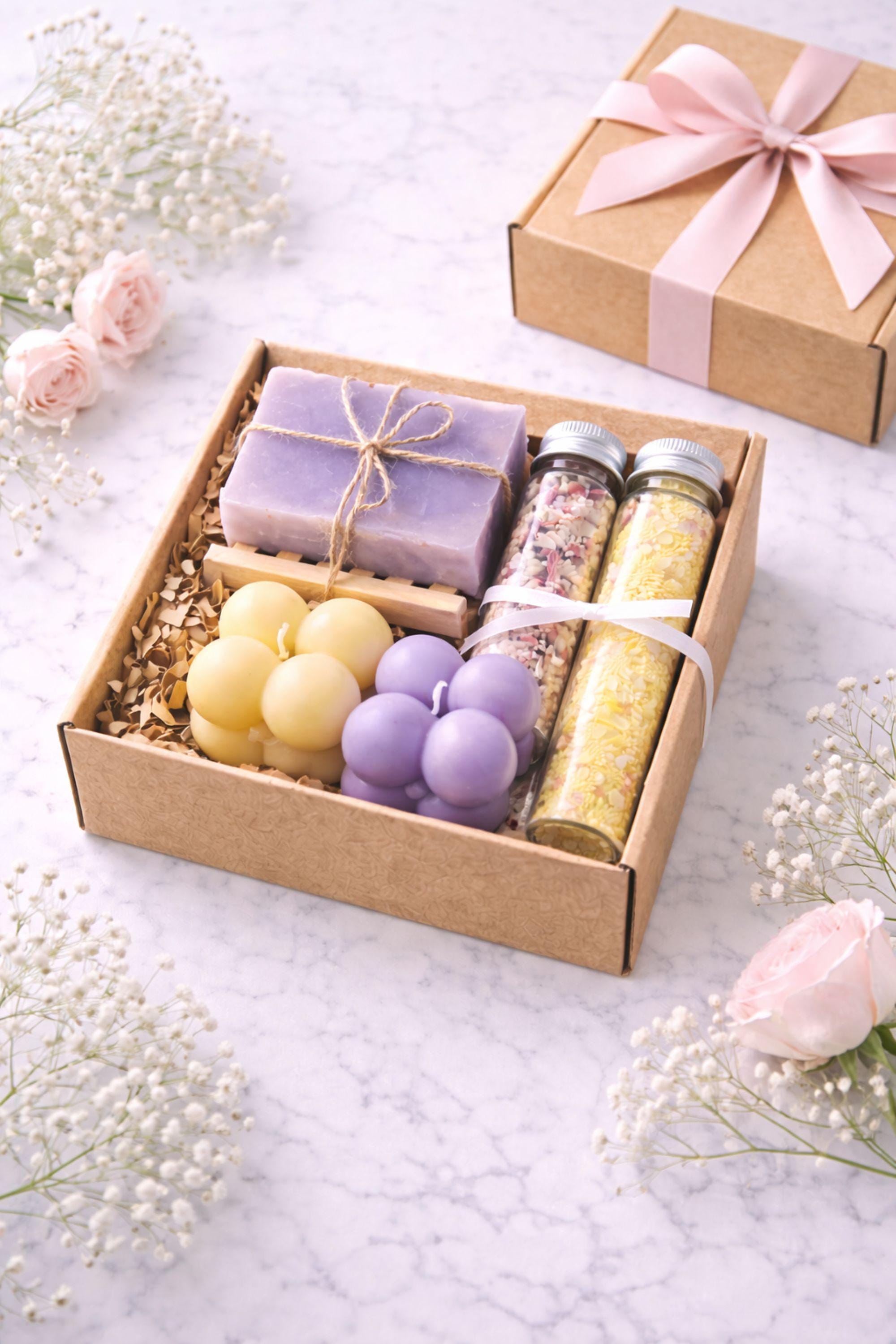 Aesthetic detail photo highlighting handmade bubble candles, bath salts, and natural soap from a gift for her set. Clean composition with soft lighting emphasizes materials, textures, and craftsmanship, creating a calm and polished presentation suitable for a universal handmade gift.