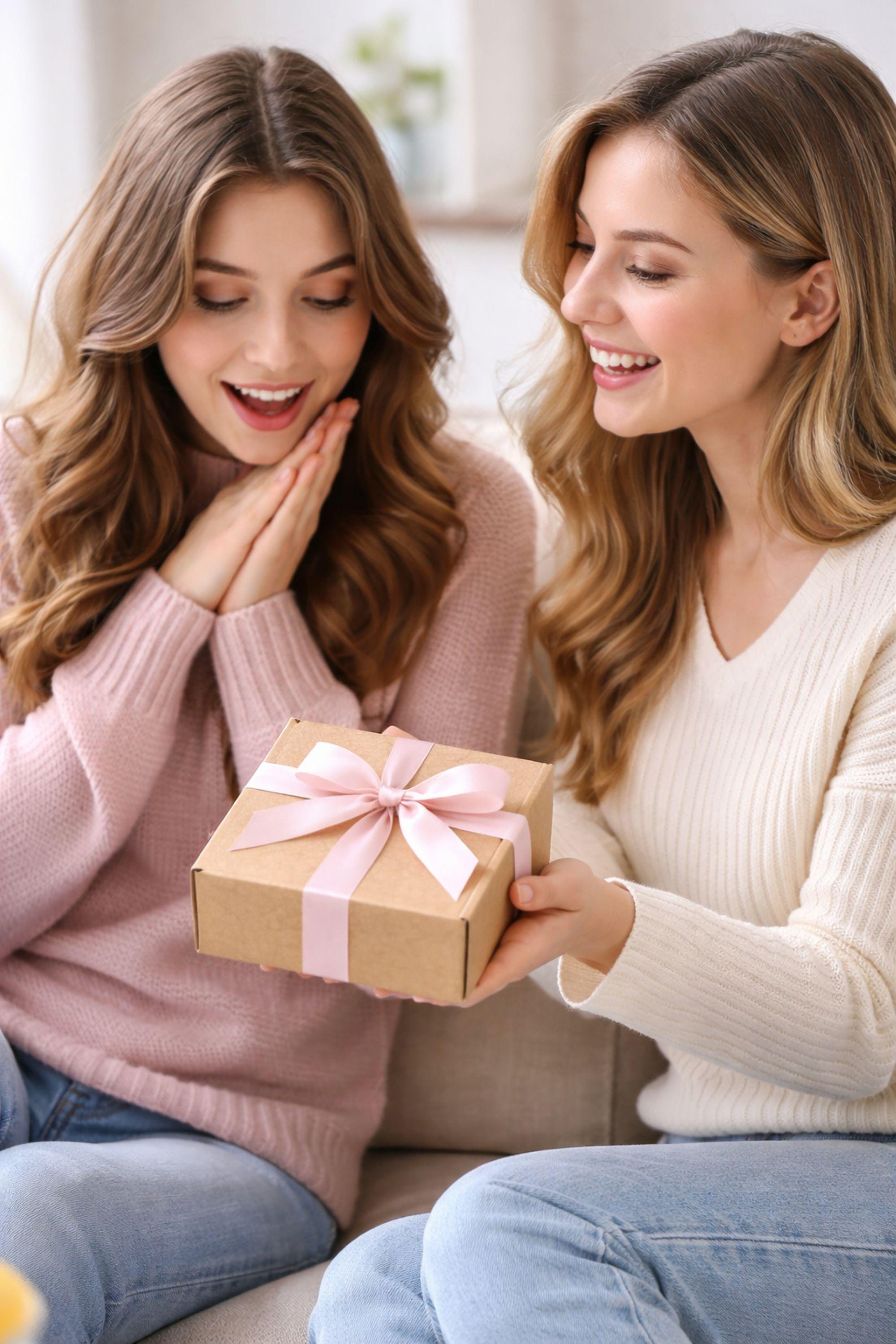 Lighthearted lifestyle image showing a friendly gifting moment with an open handmade gift box for best friend. The scene focuses on joy and connection, featuring colorful candles and thoughtful presentation without romantic or family context, emphasizing friendship and cheerful gifting.