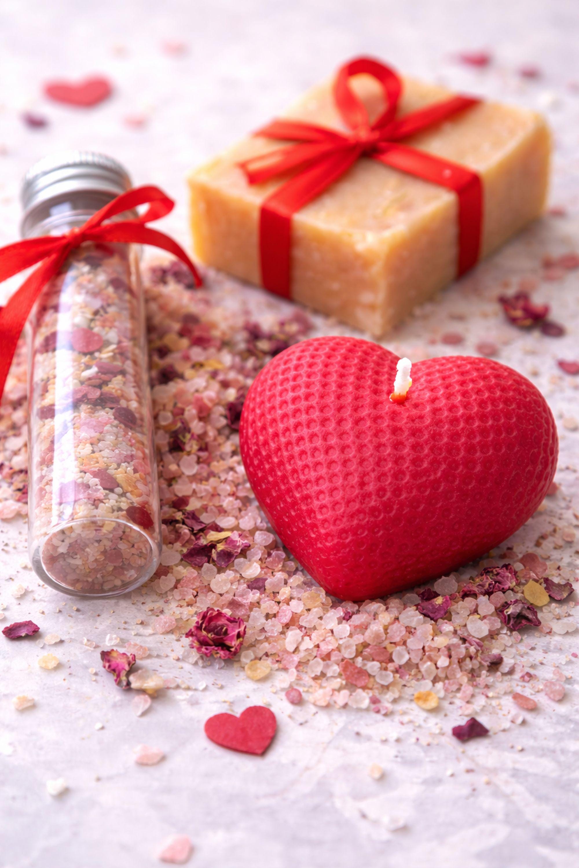 Close-up view of a romantic handmade gift for her highlighting the heart-shaped candle and natural soap wrapped with a red ribbon. The image shows detailed textures of the handcrafted items and glass bath salt tubes, emphasizing quality and small-batch craftsmanship. This romantic candle and soap set is designed as a thoughtful love gift, ideal for a romantic present that feels personal, warm, and beautifully made.