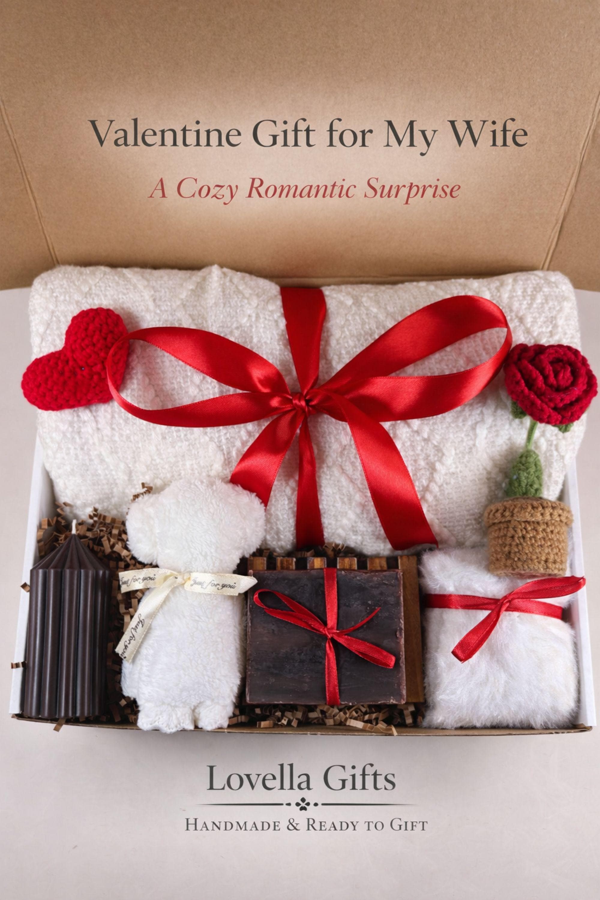 Valentine gift for wife displayed in a cozy handmade gift box featuring a candle, artisan soap, soft spa-style items, and romantic handcrafted details. This thoughtful Valentine care package for a wife is arranged in warm neutral tones with red accents, creating a meaningful romantic gift designed to express love, comfort, and appreciation. A cozy self care gift for wife, beautifully packaged and ready to gift.