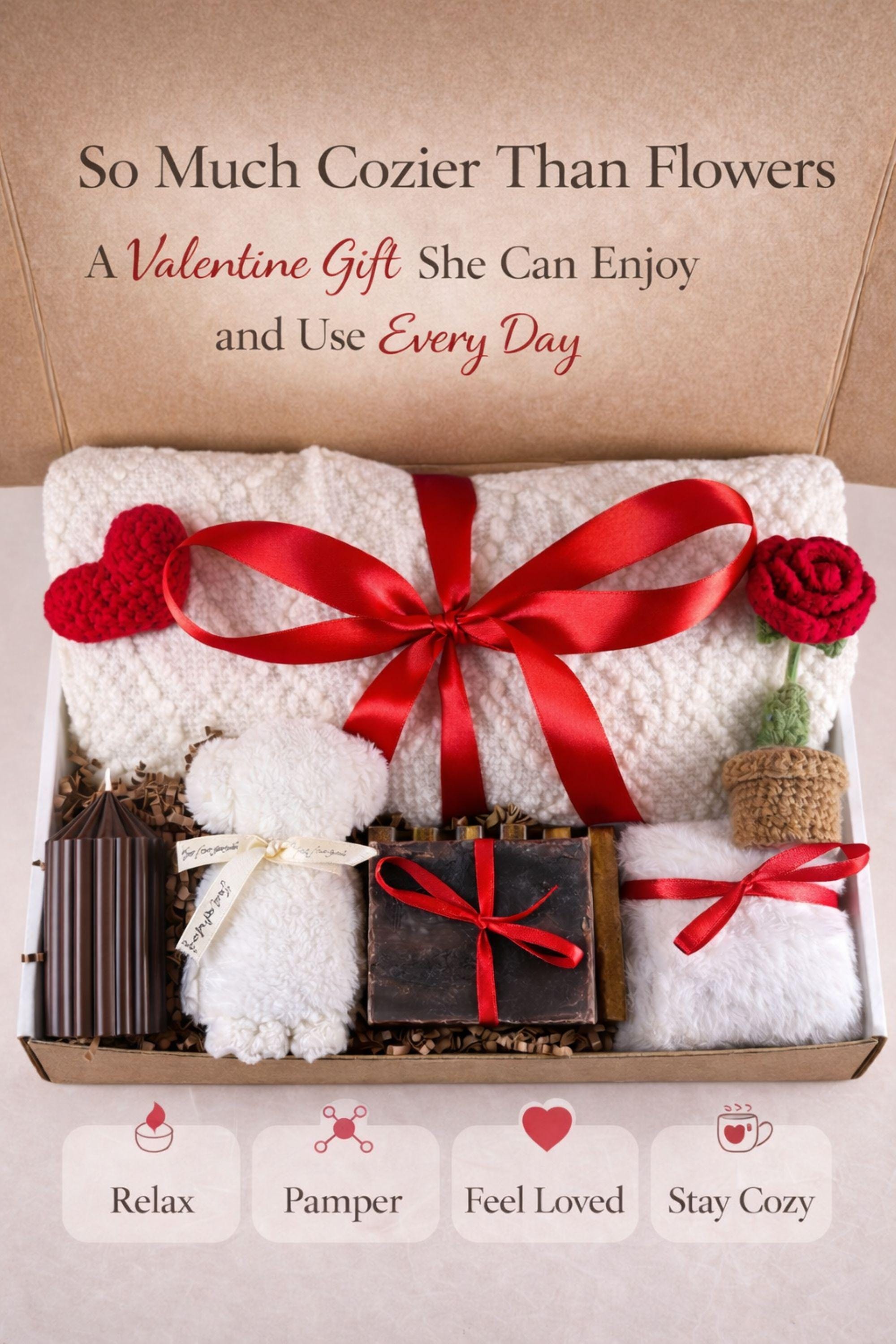 Valentine gift for wife displayed in a cozy handmade gift box featuring a candle, artisan soap, soft spa-style items, and romantic handcrafted details. This thoughtful Valentine care package for a wife is arranged in warm neutral tones with red accents, creating a meaningful romantic gift designed to express love, comfort, and appreciation. A cozy self care gift for wife, beautifully packaged and ready to gift.