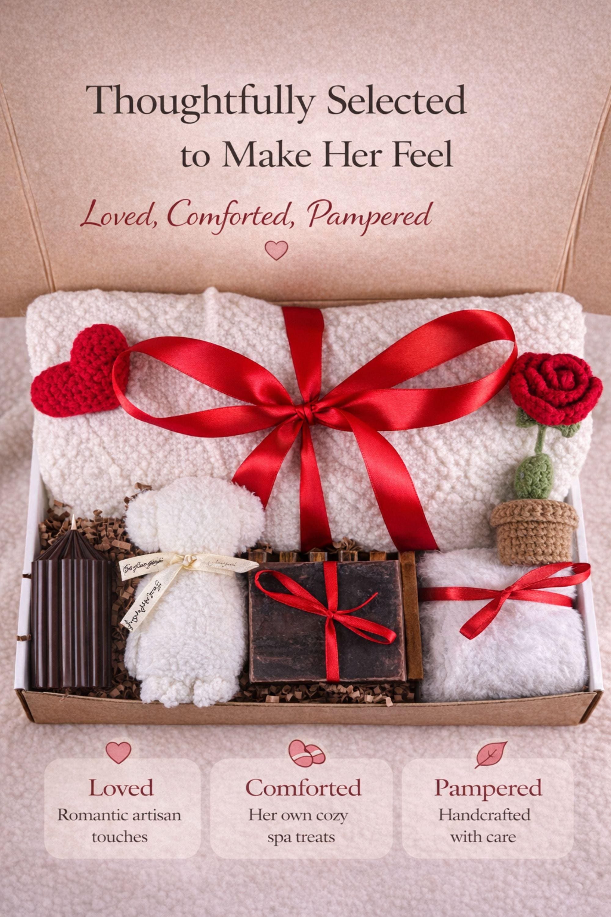 Valentine gift for wife displayed in a cozy handmade gift box featuring a candle, artisan soap, soft spa-style items, and romantic handcrafted details. This thoughtful Valentine care package for a wife is arranged in warm neutral tones with red accents, creating a meaningful romantic gift designed to express love, comfort, and appreciation. A cozy self care gift for wife, beautifully packaged and ready to gift.