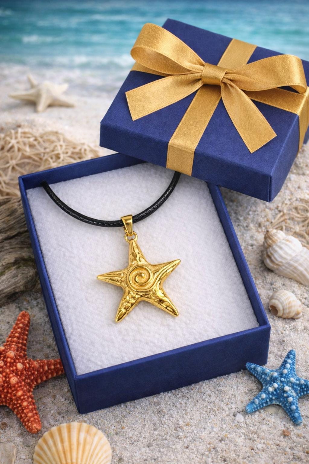 Coastal Star Necklace worn as a statement pendant with a white blouse.