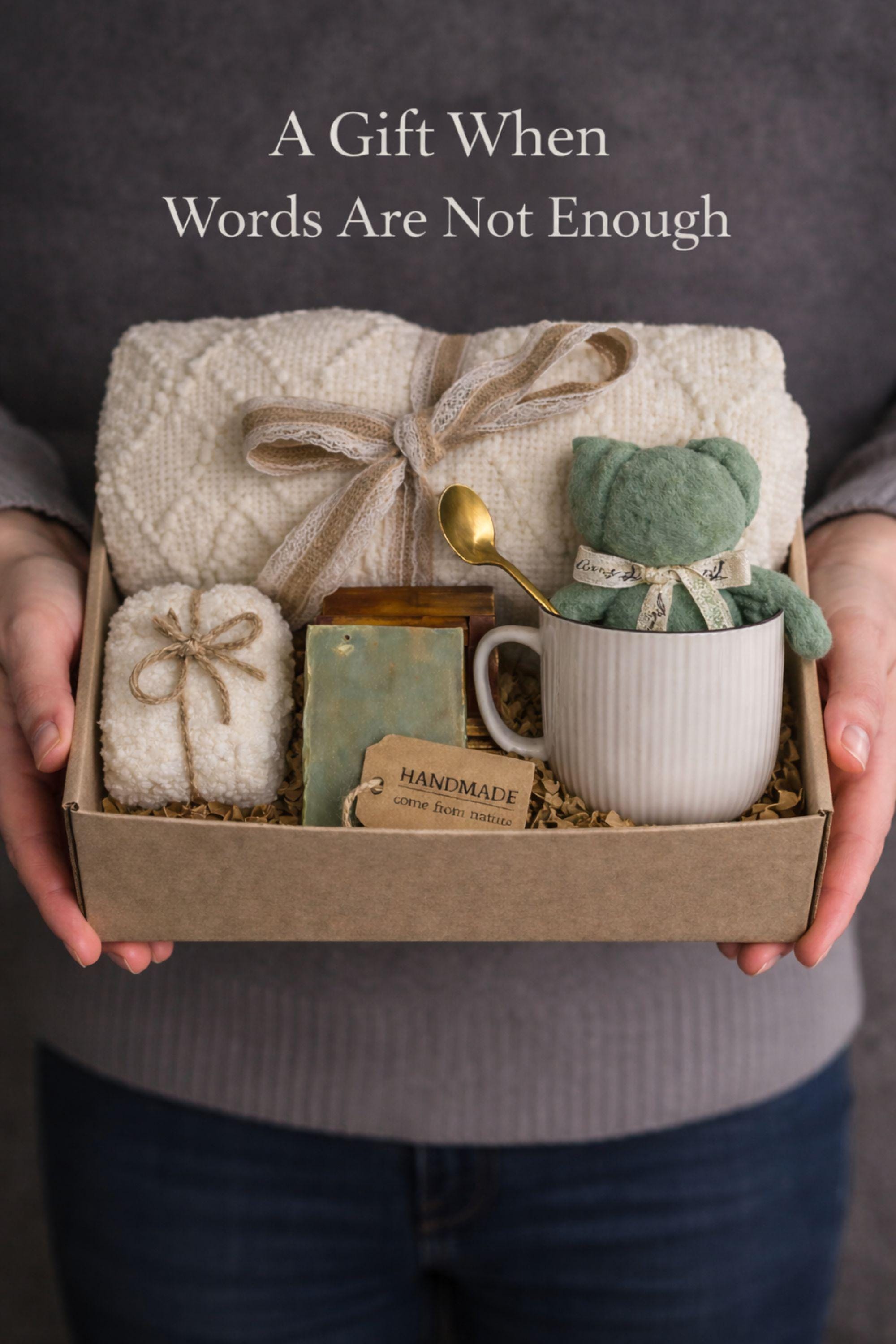 Sympathy gift box for loss of loved one featuring a cozy knit blanket, handmade soap, ceramic mug with teddy bear, rolled towel, and gold spoon arranged inside a kraft box on a dark neutral background. This bereavement care package is designed as a grief support gift and condolence gift box, offering comfort during difficult times. A thoughtful memorial gift idea to send love and support when words are not enough.