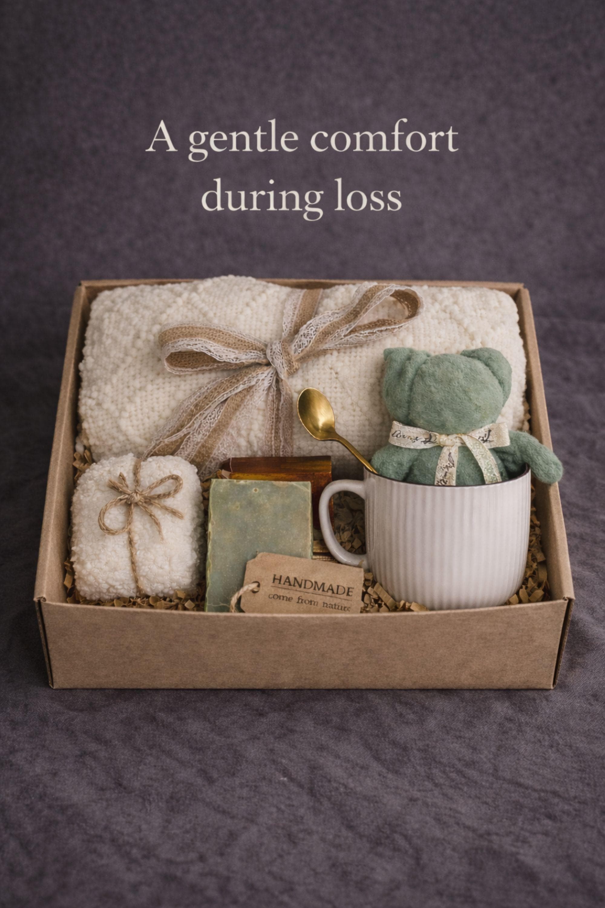 Sending hugs gift box for women featuring cozy blanket, mug, handmade soap and comfort items, designed as a sympathy care package to provide emotional support and warmth, neutral aesthetic ready to gift for grief, encouragement and thinking of you moments