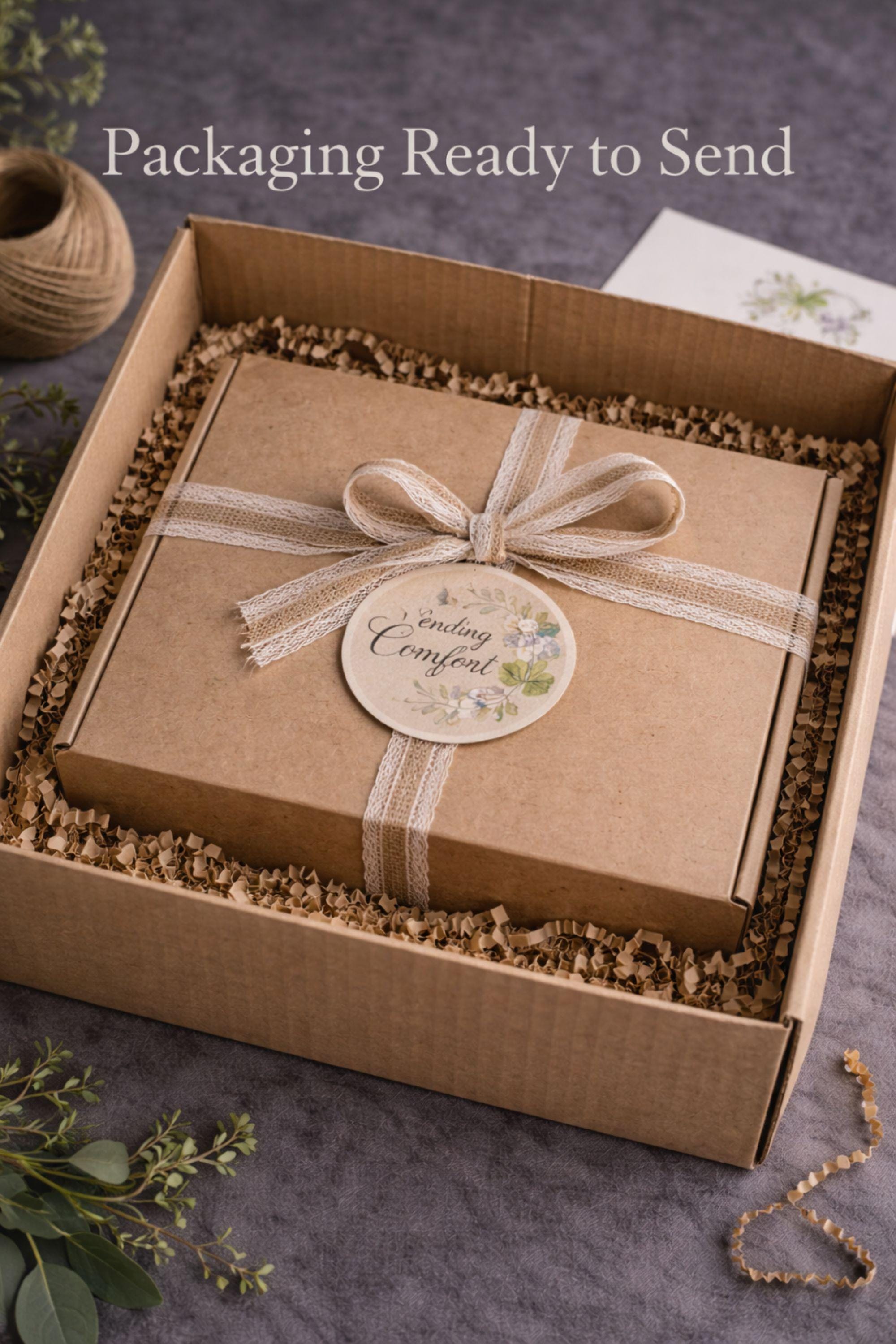 Sending hugs gift box for women featuring cozy blanket, mug, handmade soap and comfort items, designed as a sympathy care package to provide emotional support and warmth, neutral aesthetic ready to gift for grief, encouragement and thinking of you moments