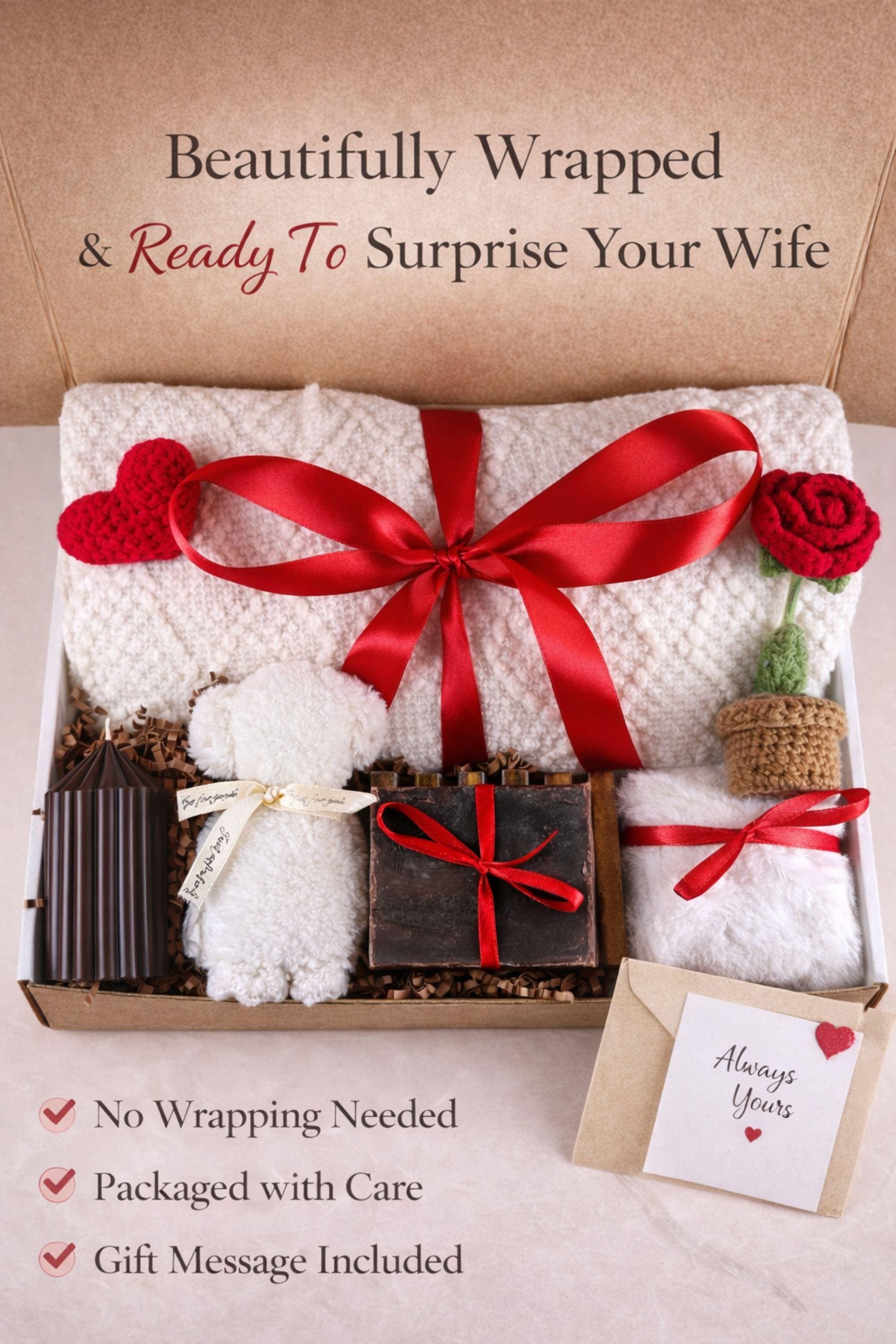 Valentine gift for wife displayed in a cozy handmade gift box featuring a candle, artisan soap, soft spa-style items, and romantic handcrafted details. This thoughtful Valentine care package for a wife is arranged in warm neutral tones with red accents, creating a meaningful romantic gift designed to express love, comfort, and appreciation. A cozy self care gift for wife, beautifully packaged and ready to gift.