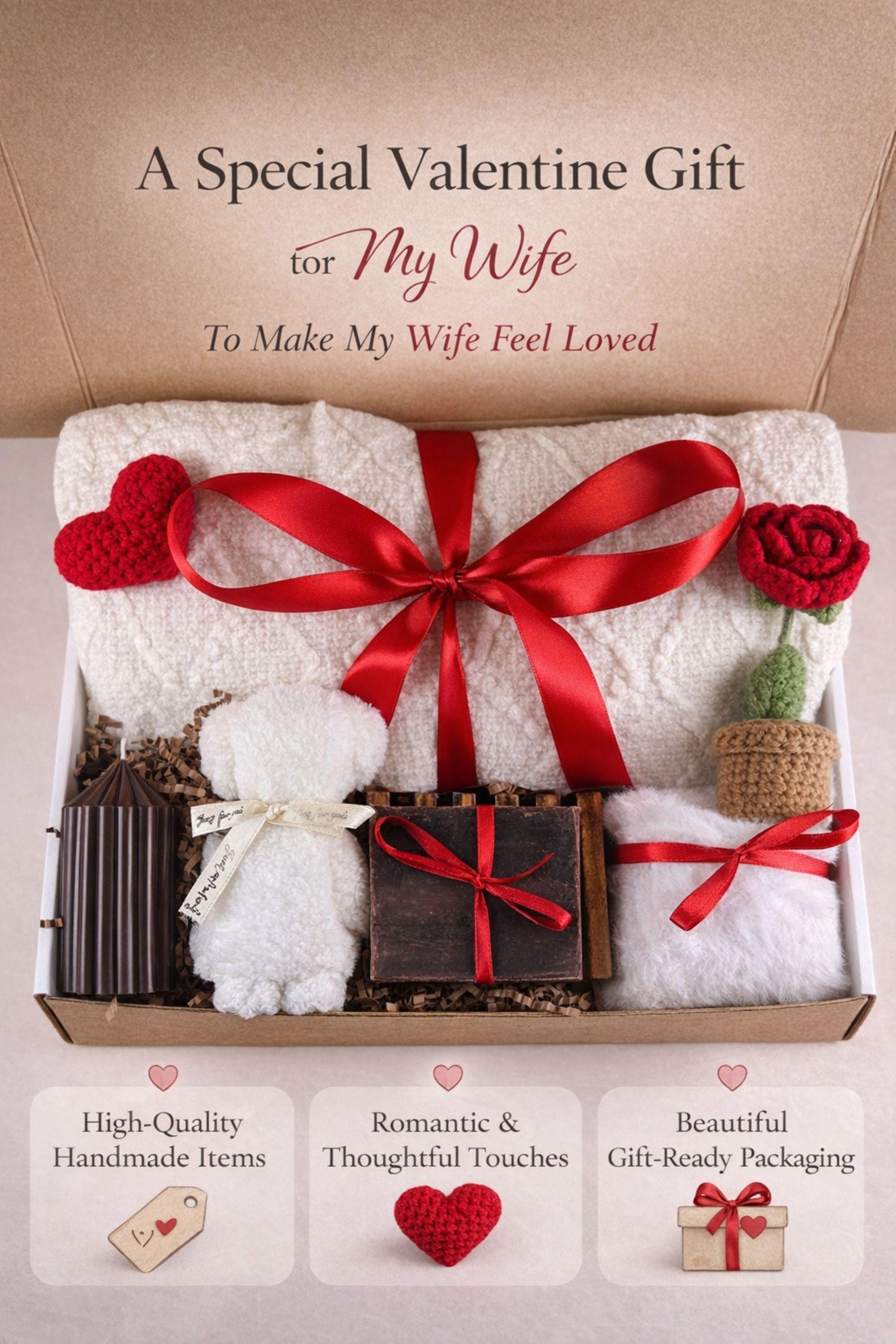 Valentine gift for wife displayed in a cozy handmade gift box featuring a candle, artisan soap, soft spa-style items, and romantic handcrafted details. This thoughtful Valentine care package for a wife is arranged in warm neutral tones with red accents, creating a meaningful romantic gift designed to express love, comfort, and appreciation. A cozy self care gift for wife, beautifully packaged and ready to gift.