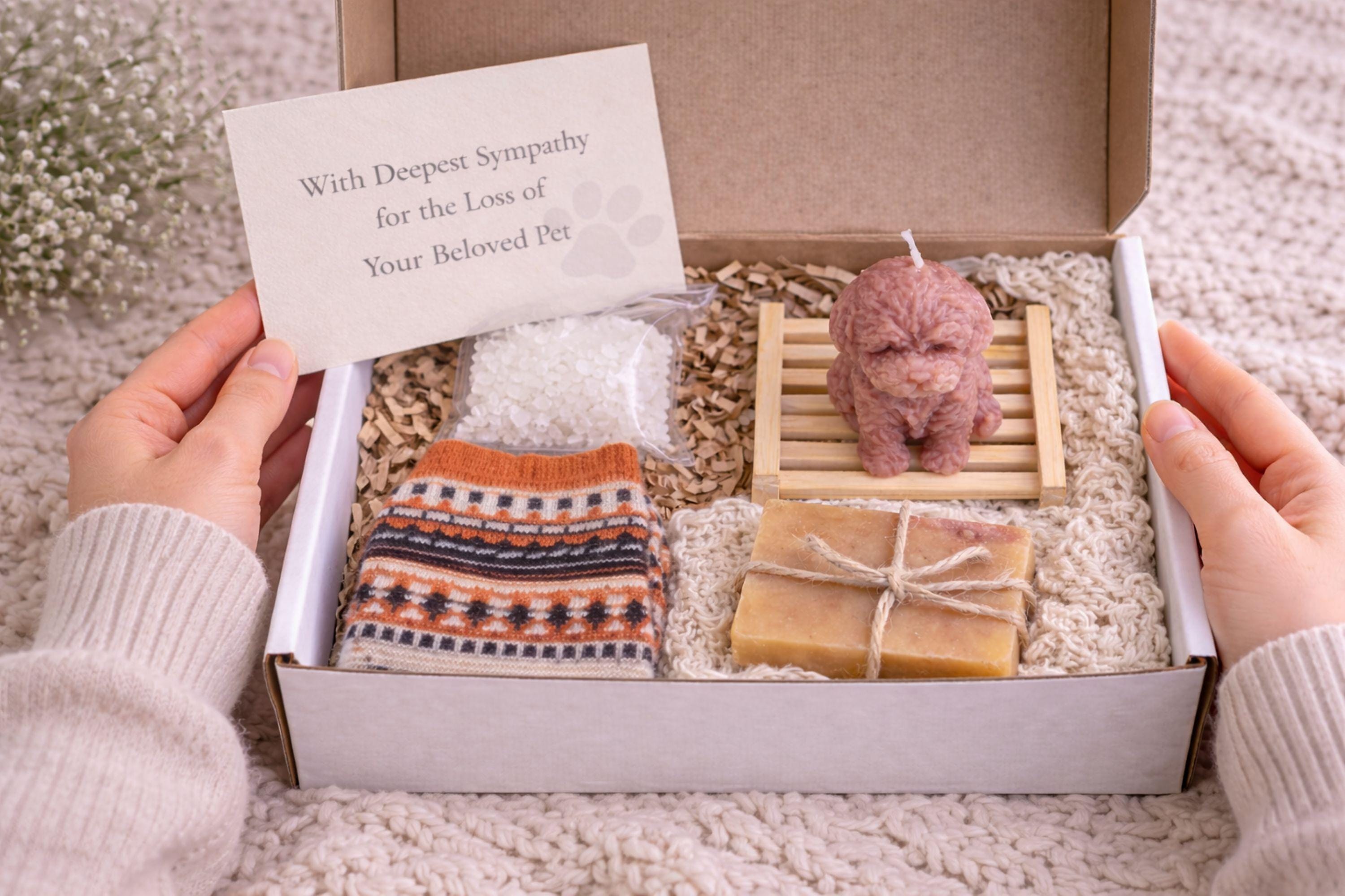 Open white sympathy gift box styled on a soft beige blanket with warm candlelight in the background. Inside the box are cozy patterned knit socks, a handmade natural soap bar tied with twine, a wooden soap holder, a mesh bath salt bag filled with visible salt crystals and botanicals, dried flowers, and a brown dog-shaped candle facing left. Text overlay reads “Thinking of you – Sending comforting care during this difficult time.”