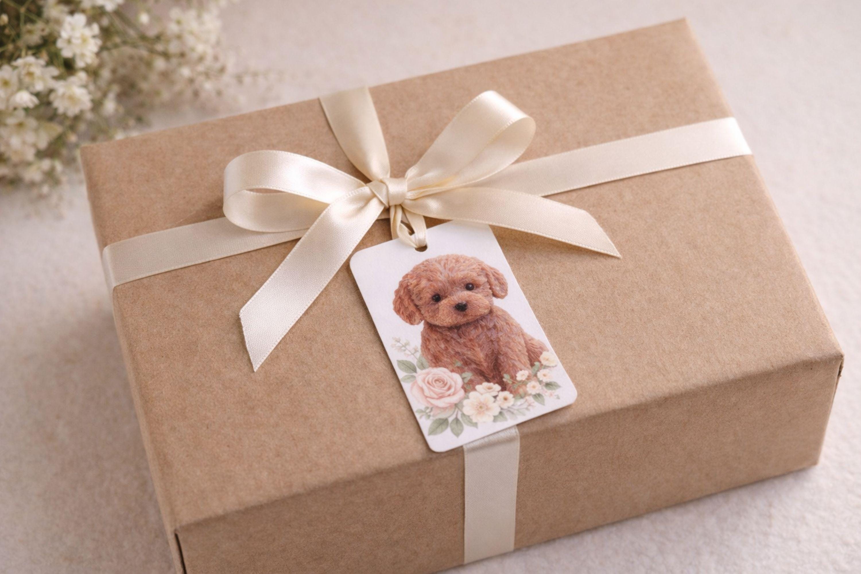 Open white sympathy gift box styled on a soft beige blanket with warm candlelight in the background. Inside the box are cozy patterned knit socks, a handmade natural soap bar tied with twine, a wooden soap holder, a mesh bath salt bag filled with visible salt crystals and botanicals, dried flowers, and a brown dog-shaped candle facing left. Text overlay reads “Thinking of you – Sending comforting care during this difficult time.”