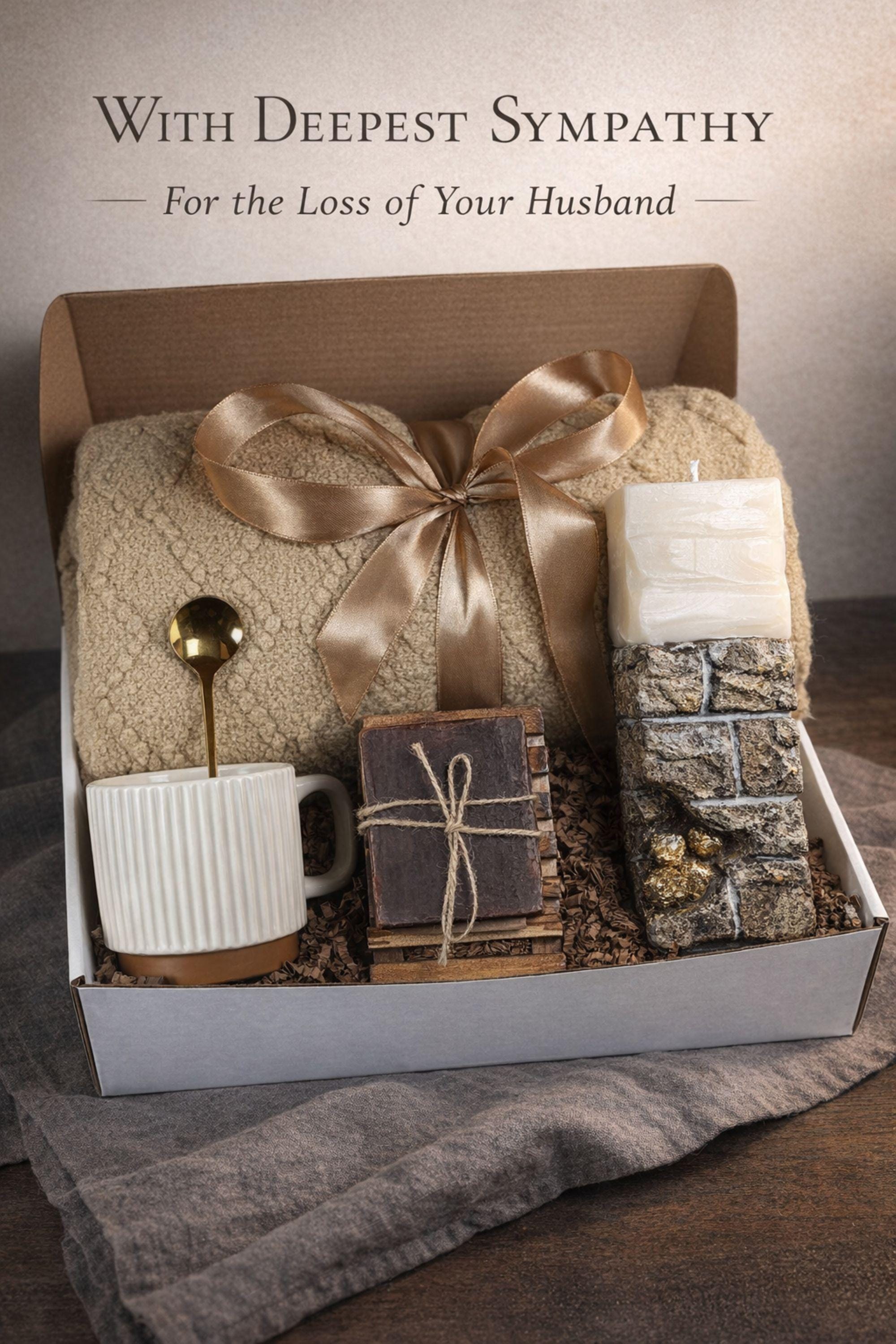 Sympathy gift box for loss of husband displayed on mouse grey linen background, open white 10x13x5 comfort care package featuring handmade 24K textured candle with stone base, cozy knit blanket tied with satin ribbon, cream ceramic mug with spoon, natural handmade soap on wooden holder, and rustic crinkle paper filler. Bereavement gift for grieving wife, condolence present, memorial comfort box, grief support package designed to send love and healing.