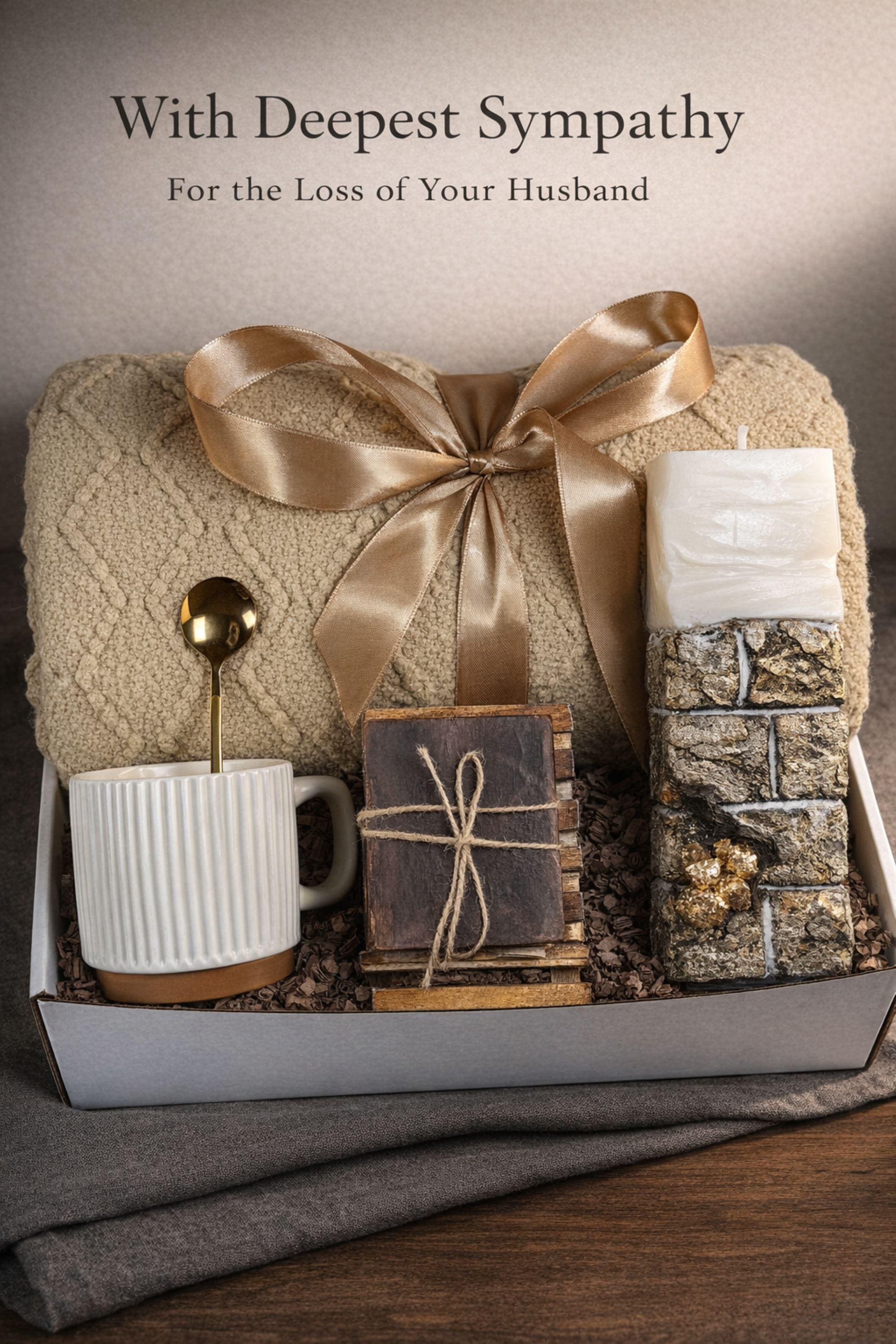 Sympathy gift box for loss of husband displayed on mouse grey linen background, open white 10x13x5 comfort care package featuring handmade 24K textured candle with stone base, cozy knit blanket tied with satin ribbon, cream ceramic mug with spoon, natural handmade soap on wooden holder, and rustic crinkle paper filler. Bereavement gift for grieving wife, condolence present, memorial comfort box, grief support package designed to send love and healing.