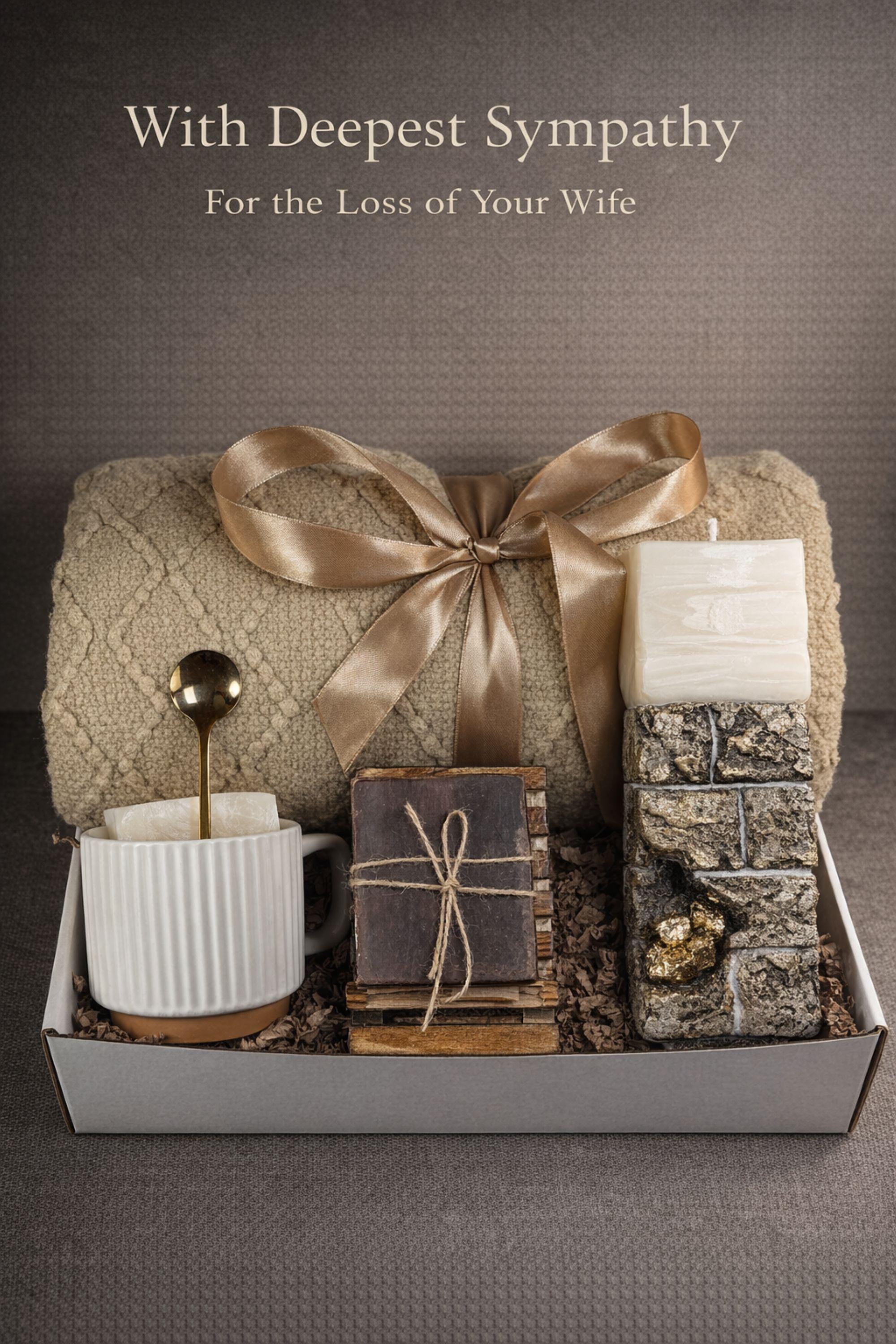 Open white sympathy gift box for loss of wife displayed on neutral mouse grey linen background, featuring soft beige knit blanket tied with satin ribbon, handcrafted 24K textured memorial candle with gold accents, ribbed ceramic mug with spoon, artisan soap on wooden stand, arranged as a thoughtful bereavement care package for grieving husband. Elegant comfort gift for widower, condolence gift box, memorial support present.