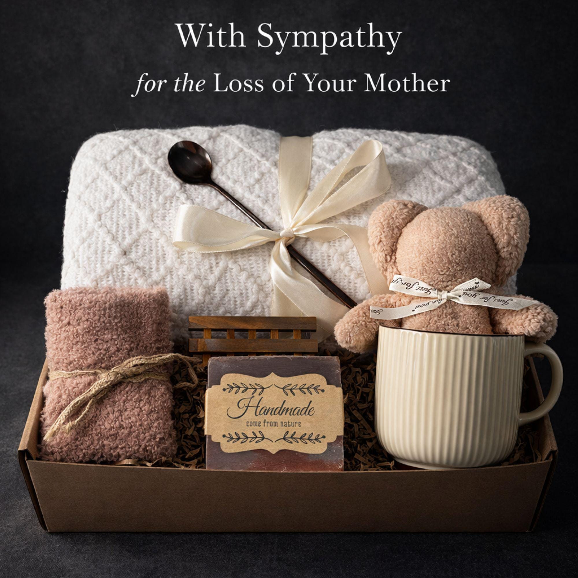 Loss of mother sympathy gift box with cozy blanket, mug, handmade soap, wooden tray, soft socks and comfort items arranged in kraft box. Bereavement care package for condolence support and memorial present. Thoughtful grief support gift for loss of mom, funeral comfort box, remembrance gesture sent directly to recipient. Elegant sympathy present designed to provide warmth and quiet comfort during difficult time.