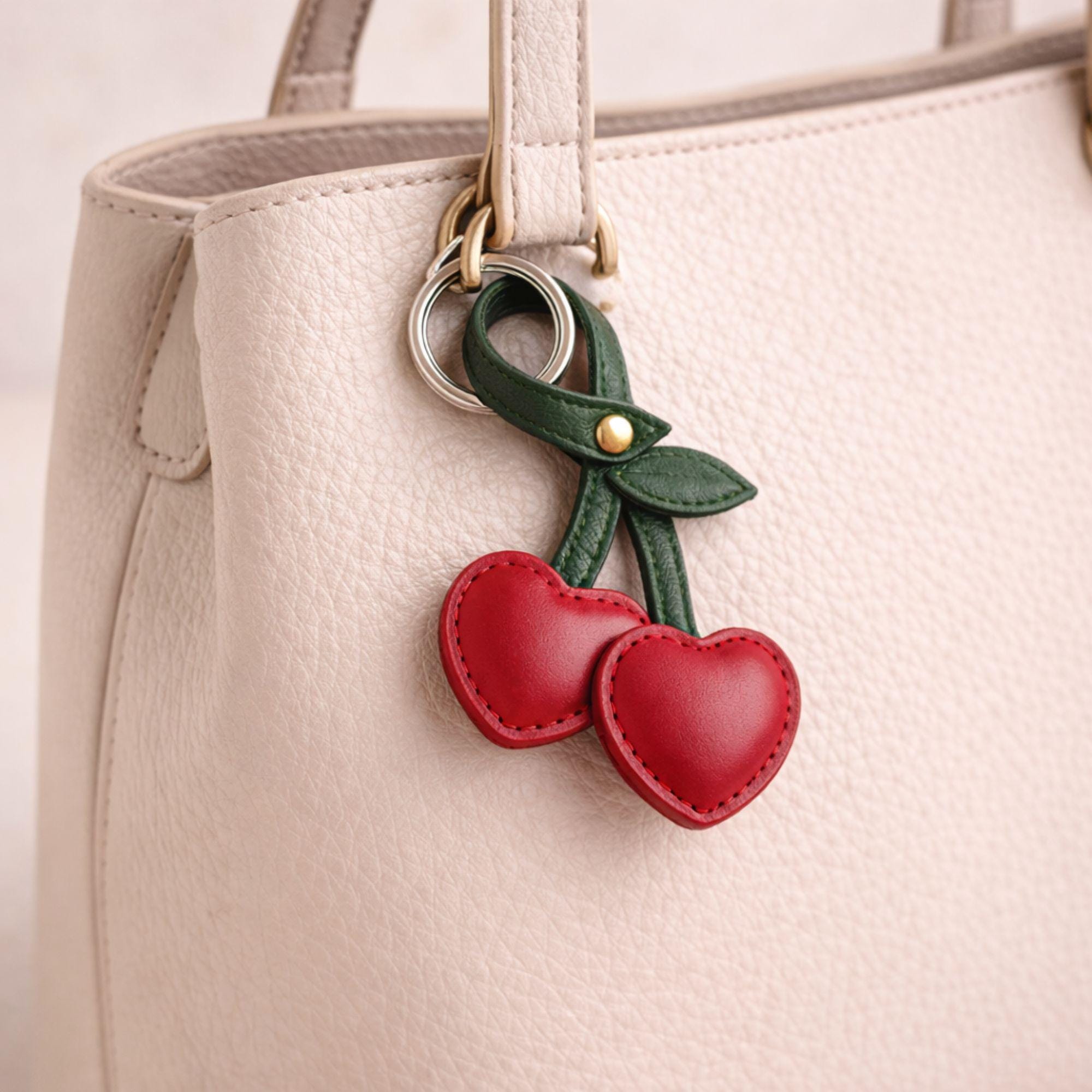 Red cherry keychain add on displayed on neutral floral background. Faux leather bag charm with green stem and silver ring styled as gift box upgrade. Cute aesthetic accessory for build your own gift box, birthday gift, Valentine care package, or cozy self care set.