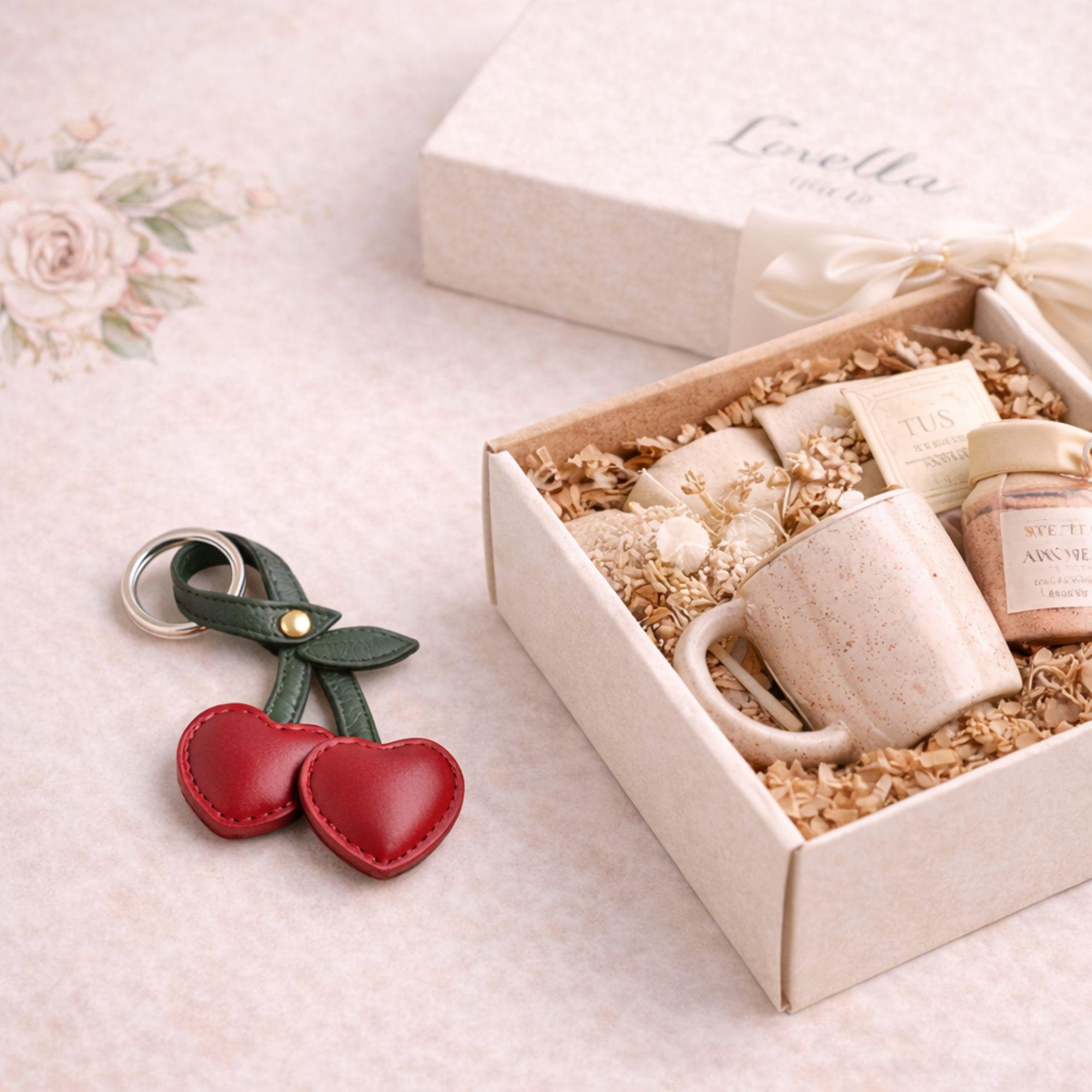 Red cherry keychain add on displayed on neutral floral background. Faux leather bag charm with green stem and silver ring styled as gift box upgrade. Cute aesthetic accessory for build your own gift box, birthday gift, Valentine care package, or cozy self care set.