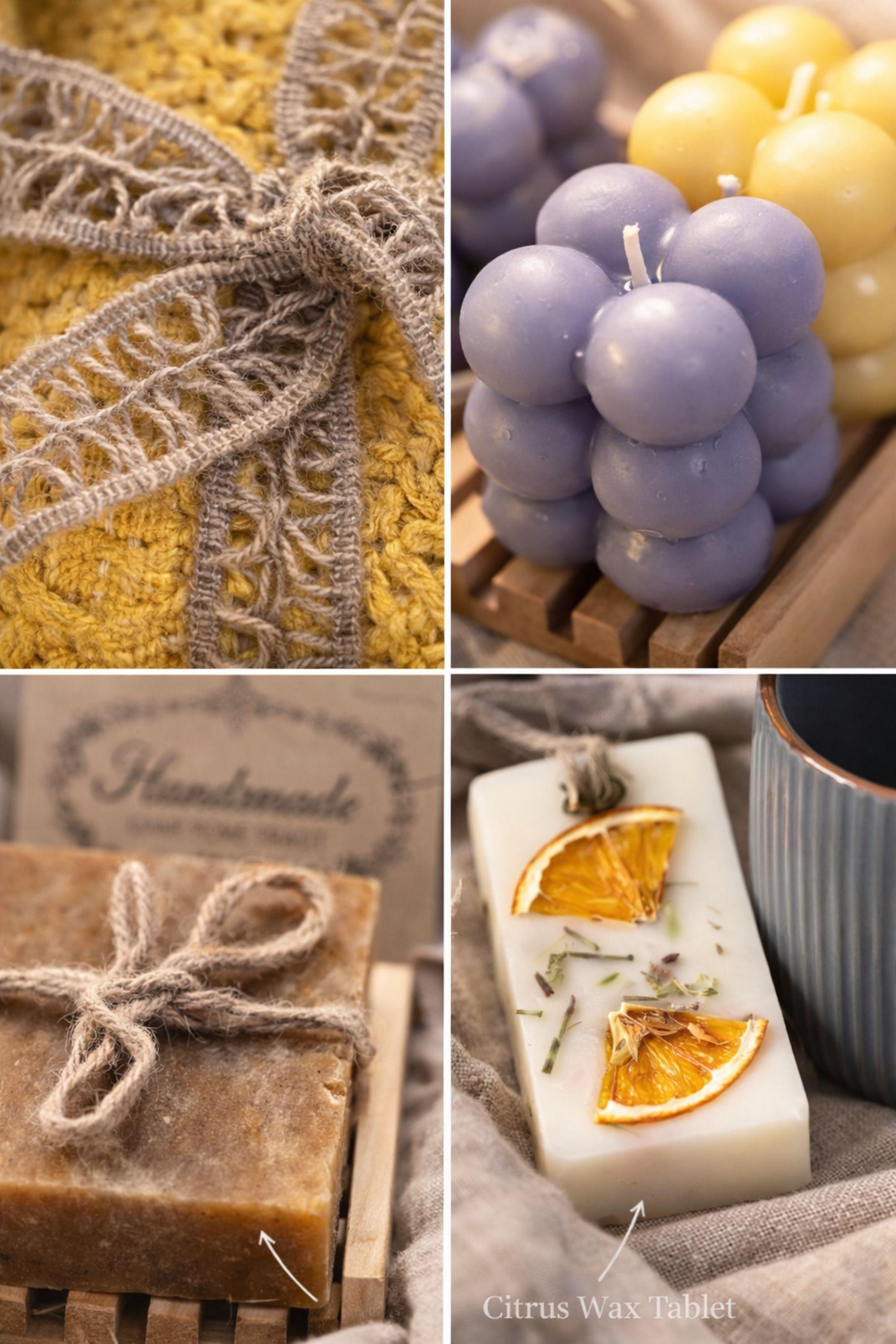 Self Love Reset gift box for women displayed on warm neutral linen background with soft window light, featuring yellow knit blanket, handmade natural soap, pastel bubble candles, citrus wax tablet with dried orange slices, ceramic mug and wooden soap dish. Emotional healing care package for new beginnings, self care gift for her, breakup recovery support box, thoughtful reset present.