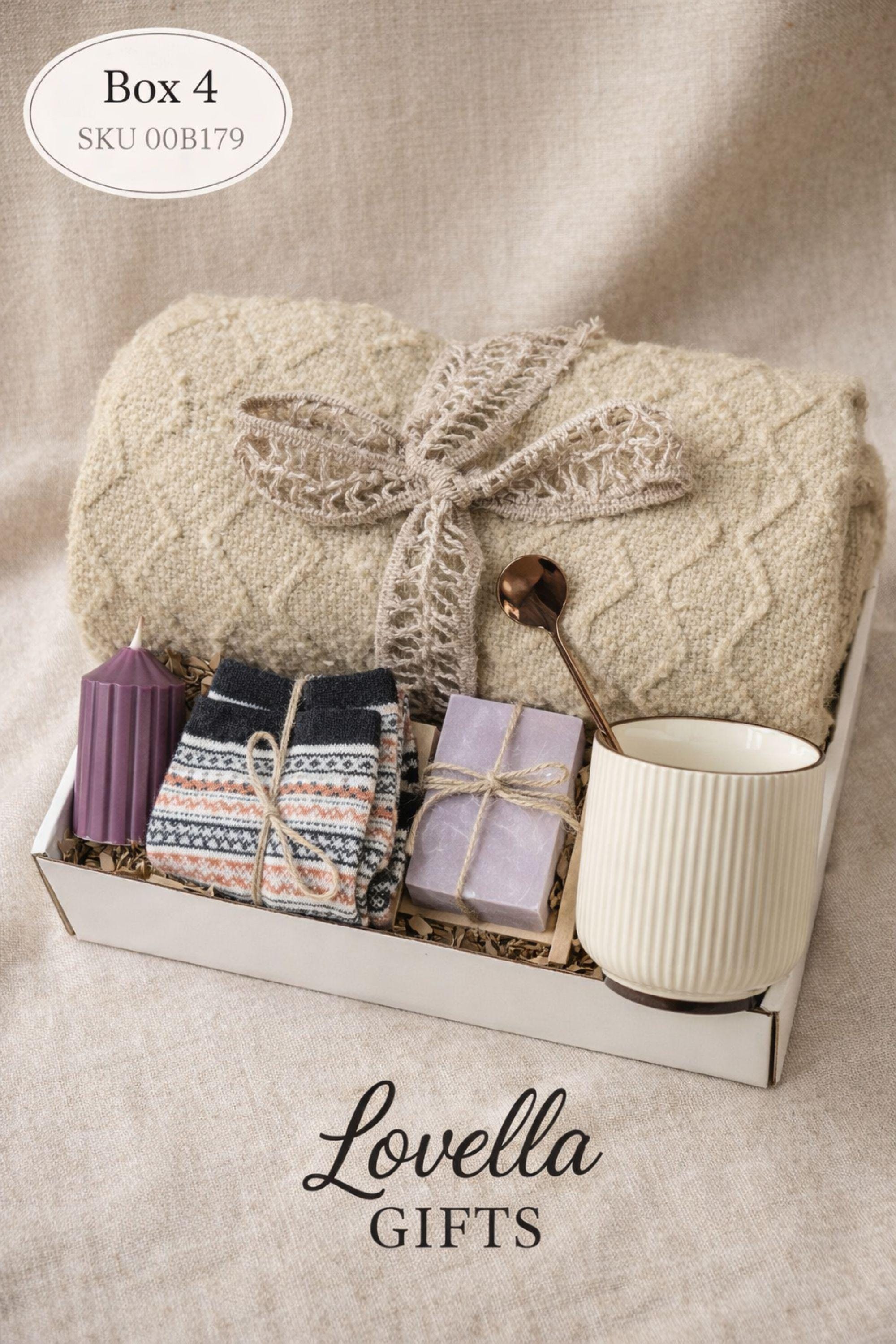 Get well soon gift box for her featuring cozy blanket, handmade soap, ceramic mug and spoon, comfort care package designed to help her feel better, thoughtful recovery gift for illness, cozy self care gift box for women, relaxing wellness gift, support gift for friend or coworker, thinking of you gift, ready to gift comfort package for rest, warmth and emotional care
