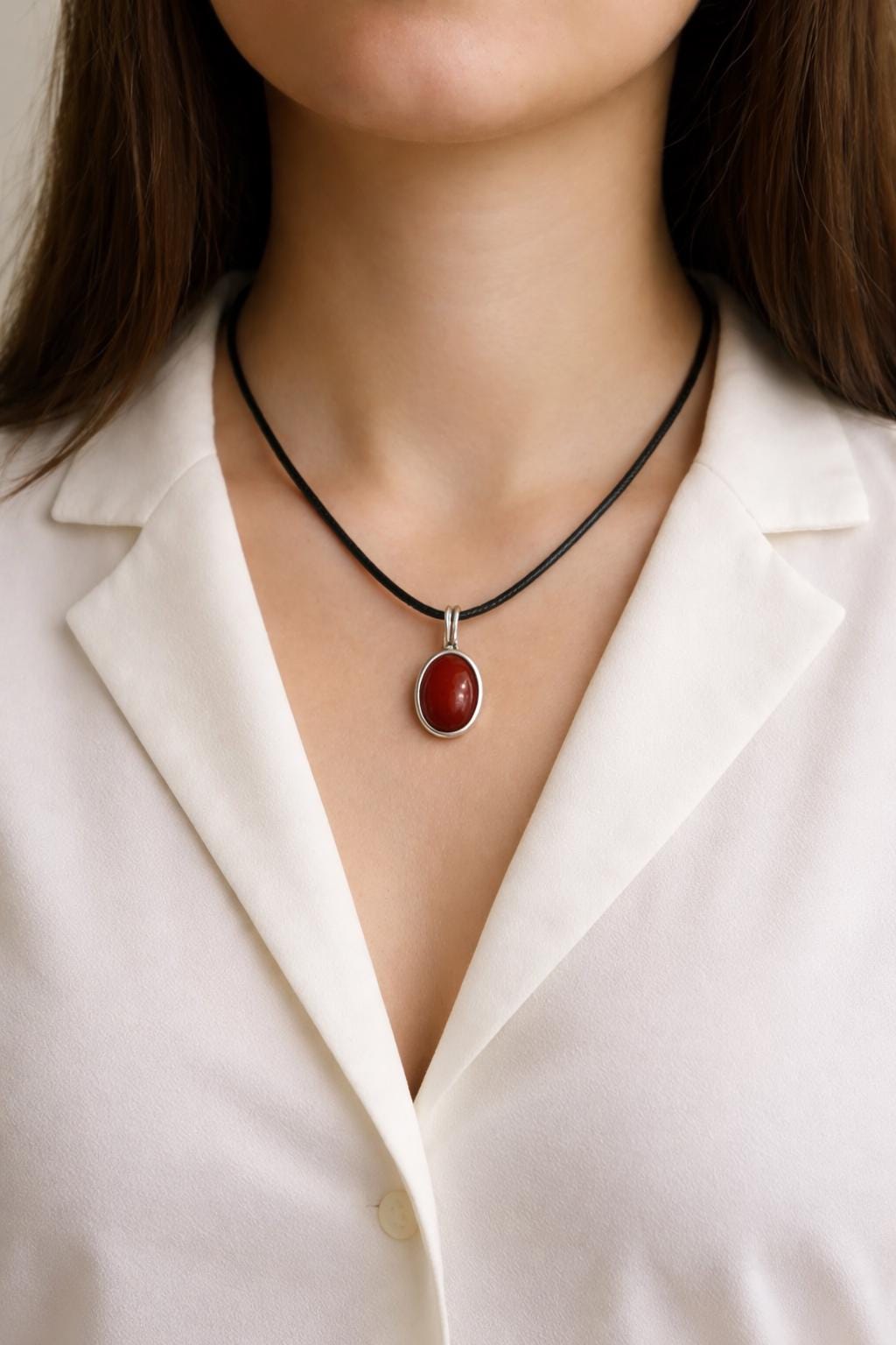 Carnelian pendant necklace in sterling silver with adjustable black cord, oval red gemstone jewelry for mom birthday gift, minimalist everyday necklace, protection crystal pendant for her, mother daughter gift