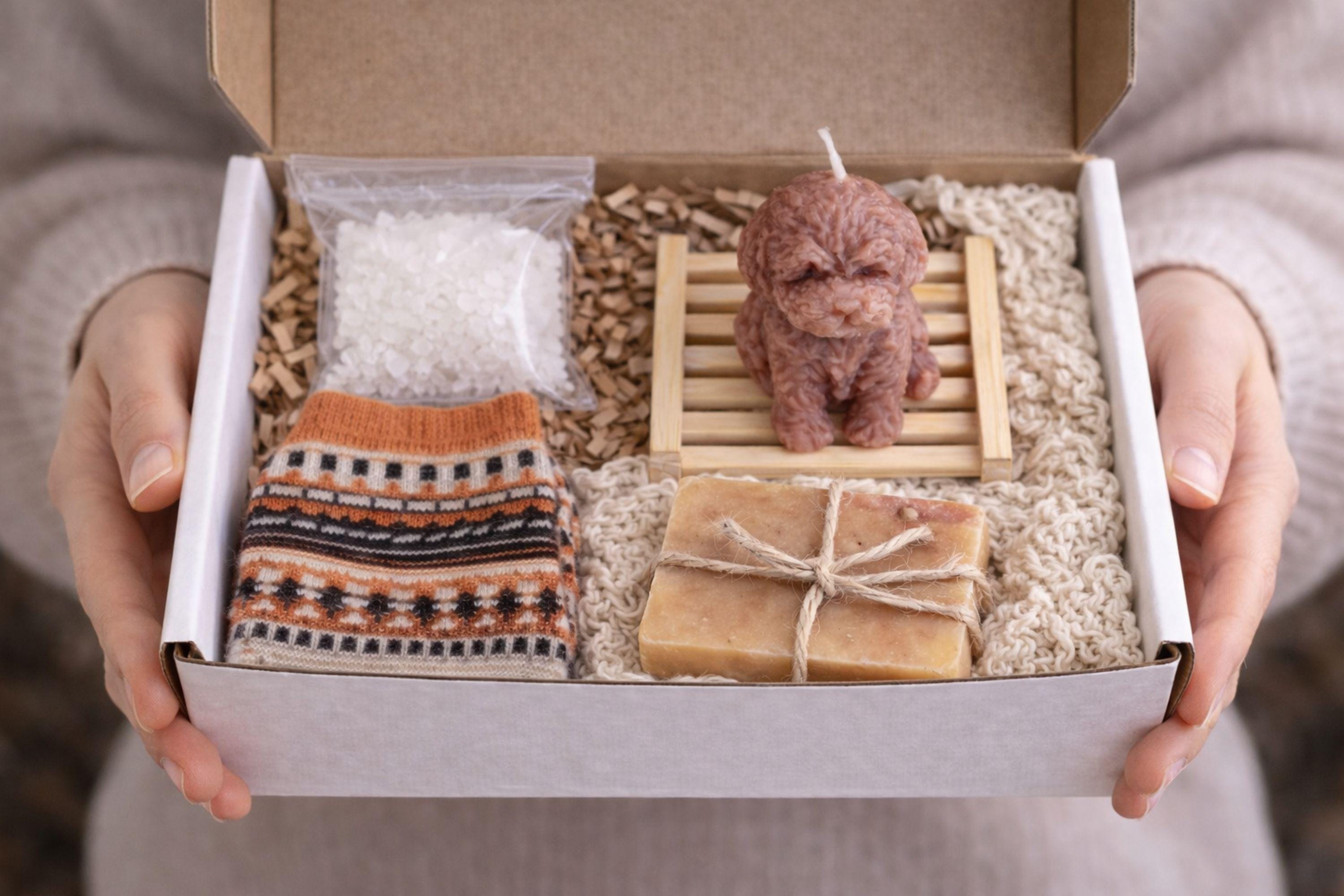 Open white sympathy gift box styled on a soft beige blanket with warm candlelight in the background. Inside the box are cozy patterned knit socks, a handmade natural soap bar tied with twine, a wooden soap holder, a mesh bath salt bag filled with visible salt crystals and botanicals, dried flowers, and a brown dog-shaped candle facing left. Text overlay reads “Thinking of you – Sending comforting care during this difficult time.”