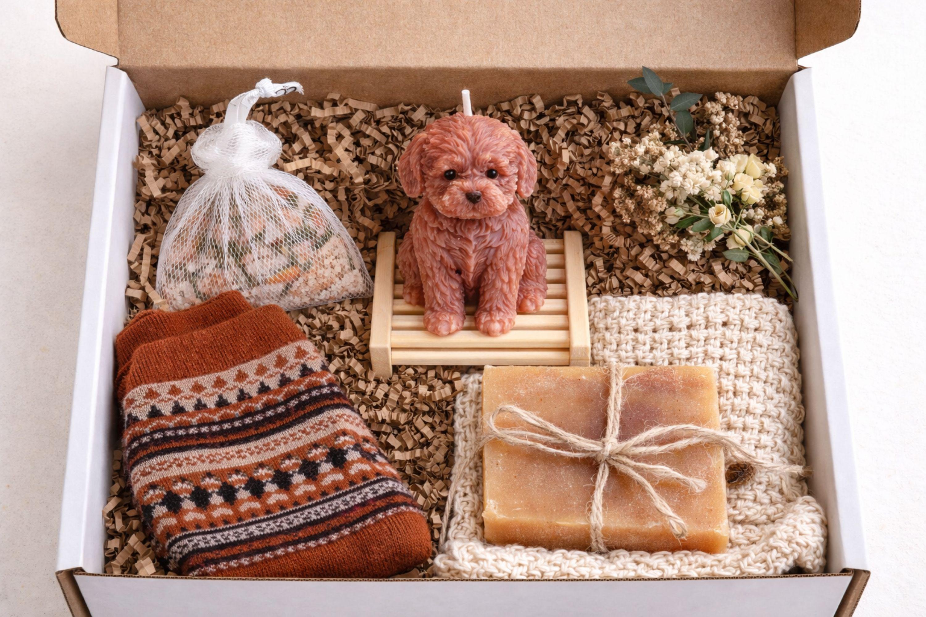 Open white sympathy gift box styled on a soft beige blanket with warm candlelight in the background. Inside the box are cozy patterned knit socks, a handmade natural soap bar tied with twine, a wooden soap holder, a mesh bath salt bag filled with visible salt crystals and botanicals, dried flowers, and a brown dog-shaped candle facing left. Text overlay reads “Thinking of you – Sending comforting care during this difficult time.”