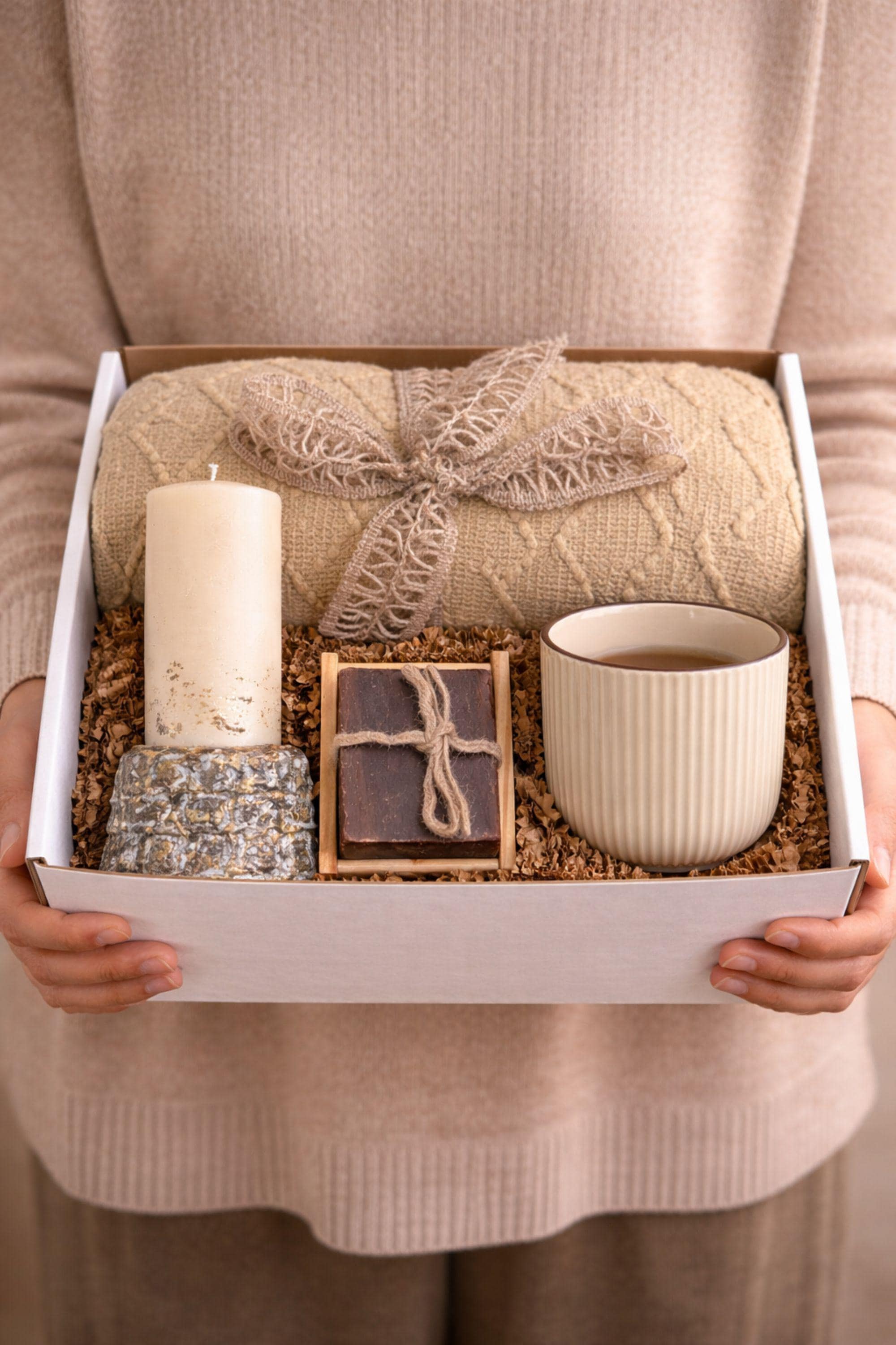 Thinking of You care package gift box featuring cozy knit blanket, handmade pillar candle on textured base, artisan soap with wooden holder, ribbed ceramic mug with spoon, beautifully arranged in a large white gift box. Comfort gift for women, sympathy support box, get well soon present, self care package, cozy curated gift ready to send.